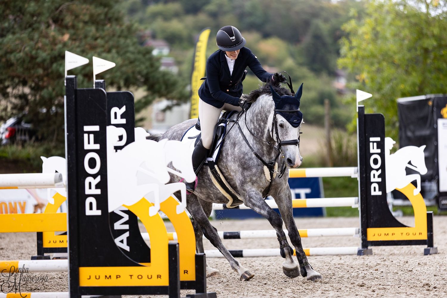 A sequence of equestrian show jumping photos showing horses and riders clearing obstacles on a course.