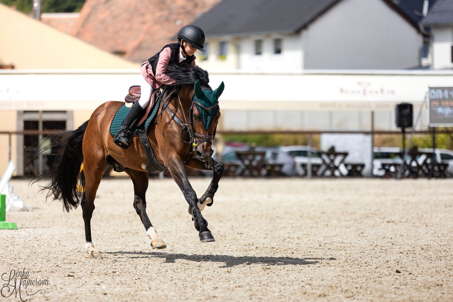 Equestrian rider performing dressage movements with horse in sandy arena during competition.