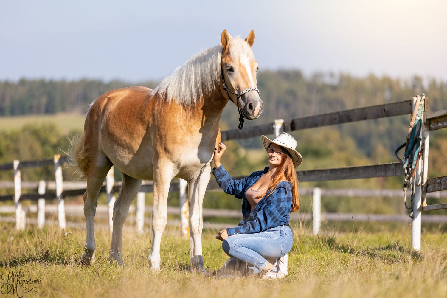 A paint horse grazes in a fenced pasture while someone sits nearby.
