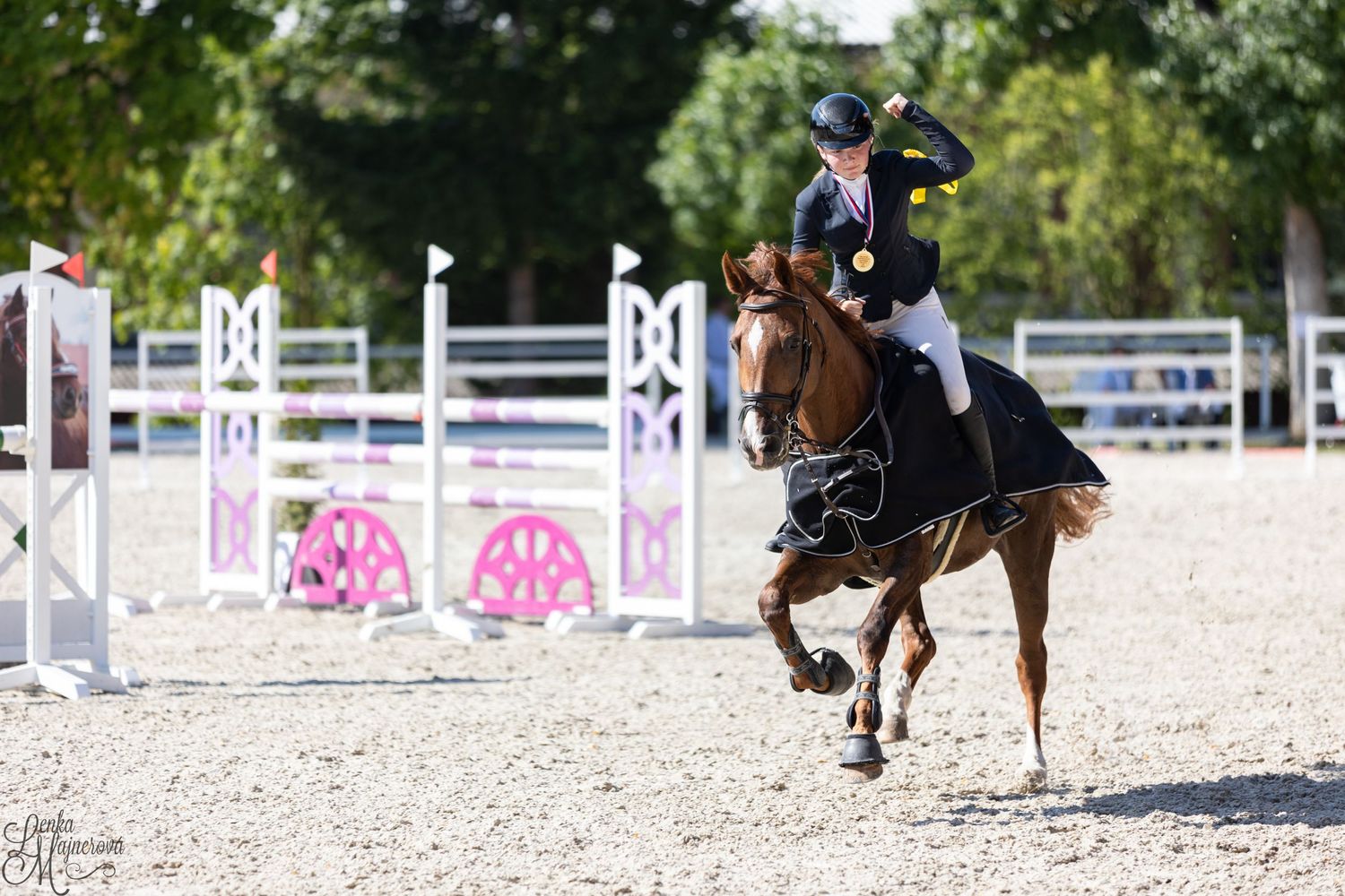 Equestrian athlete and brown horse clearing a jump during competition on sand arena with pink decorative elements.