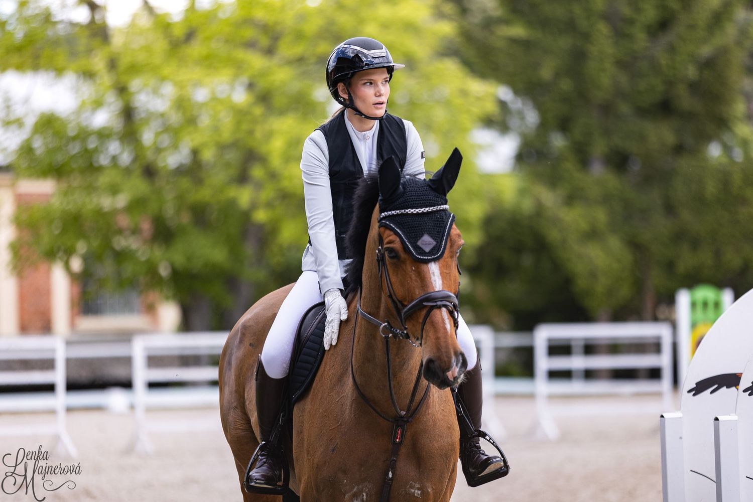 Equestrian riders compete in a dressage event on horseback at an outdoor arena.