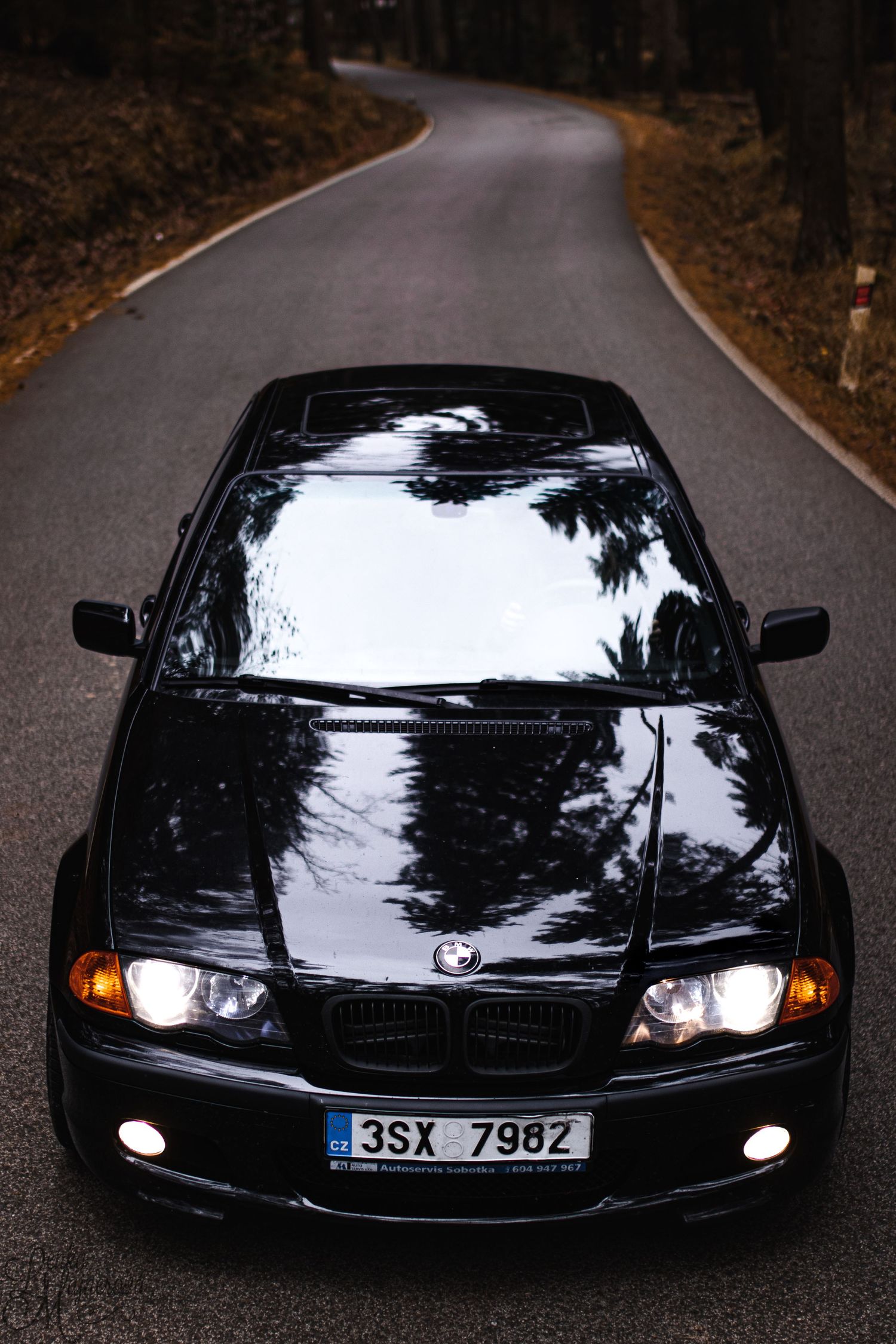 Black BMW sedan on curved forest road with headlights on.