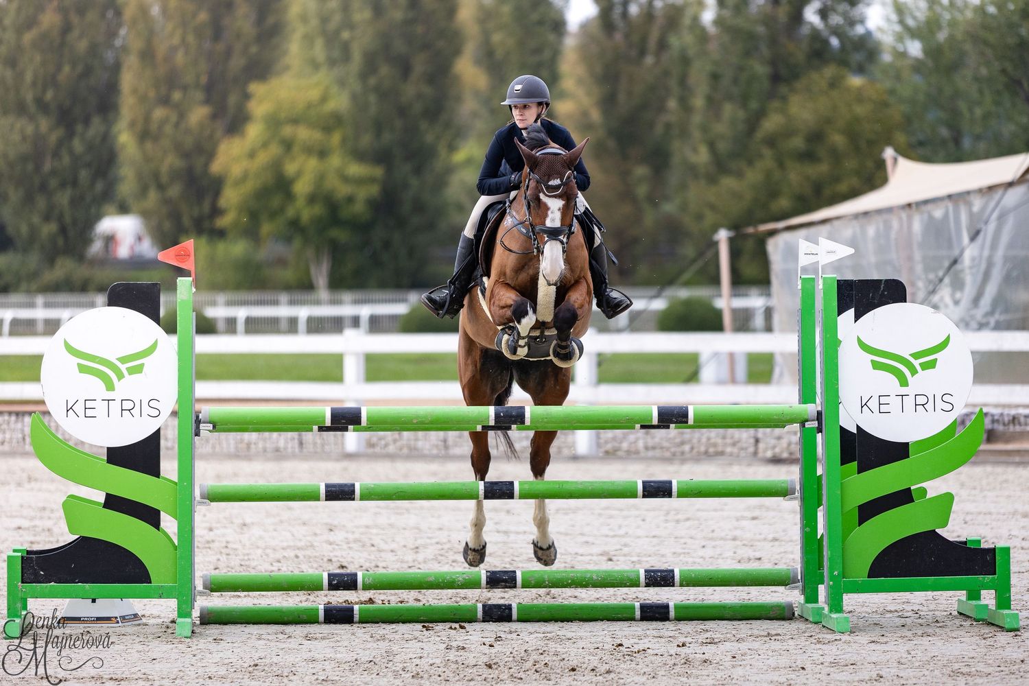 Horse and rider navigate a series of bright green show jumping obstacles on an outdoor course during competition.