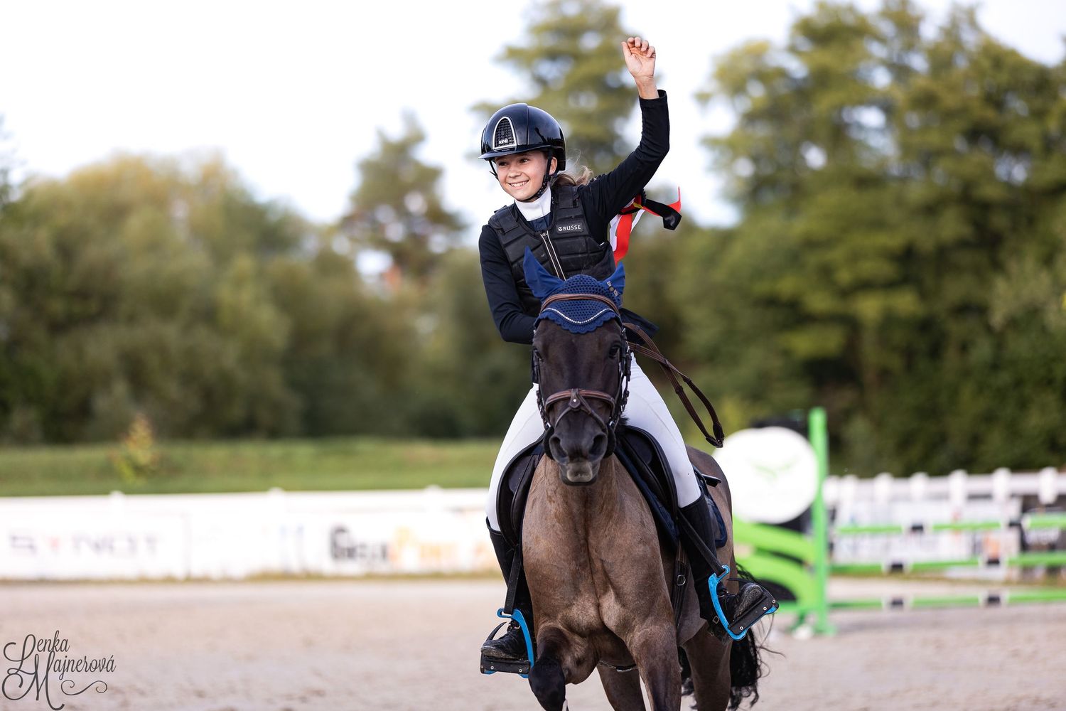 Equestrian rider on horseback navigates through a series of outdoor jumps during a competition.