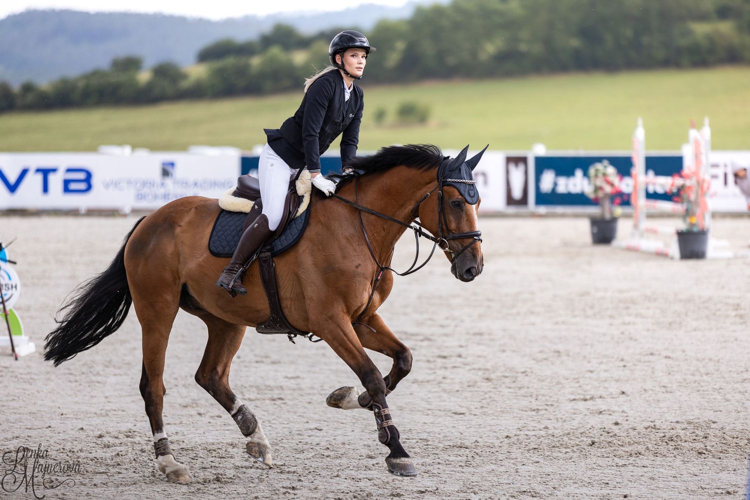 Equestrian rider in black jacket competing on a brown horse at outdoor show jumping event with VTB sponsorship banner.