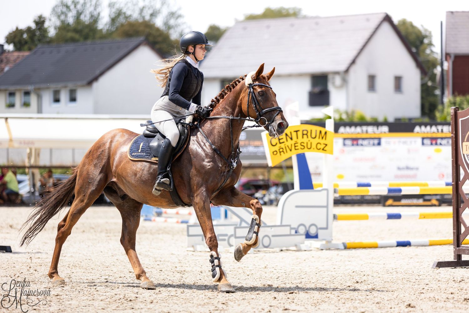 A horse and rider perform dressage movements in an outdoor arena during a competition.