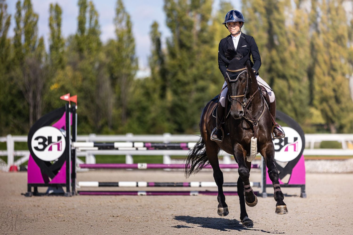 Equestrian rider jumping over pink and white obstacle during competitive show jumping event at outdoor arena.