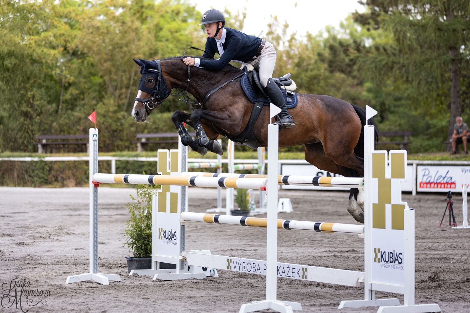 A rider in navy show attire guides their bay horse over a white show jumping fence during competition.
