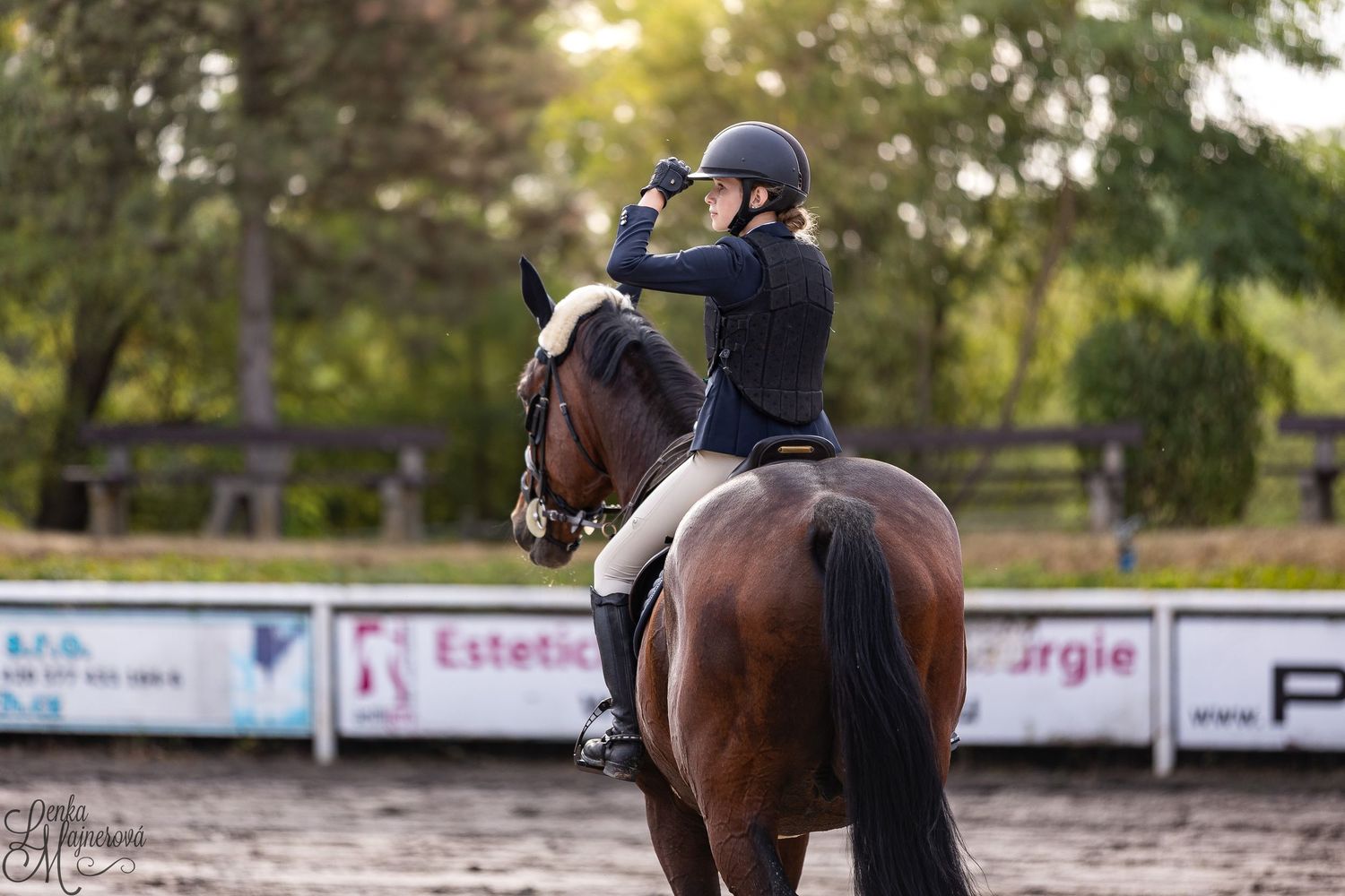 Equestrian rider guides horse through dressage movements in outdoor arena during competition event.