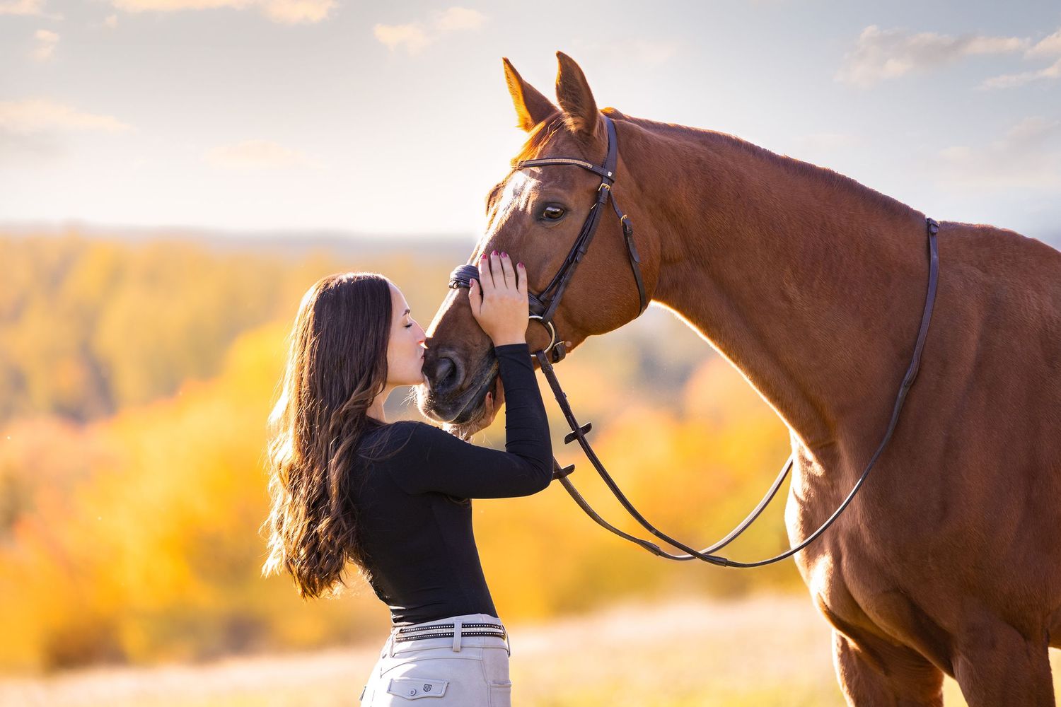 A chestnut horse and rider silhouetted against a golden sunset sky during an outdoor photoshoot.