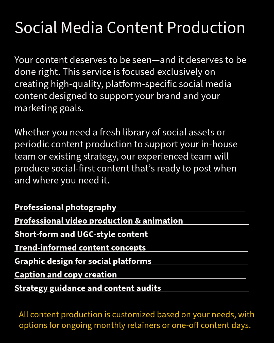 Professional social media content production services overview page with white text on dark background.