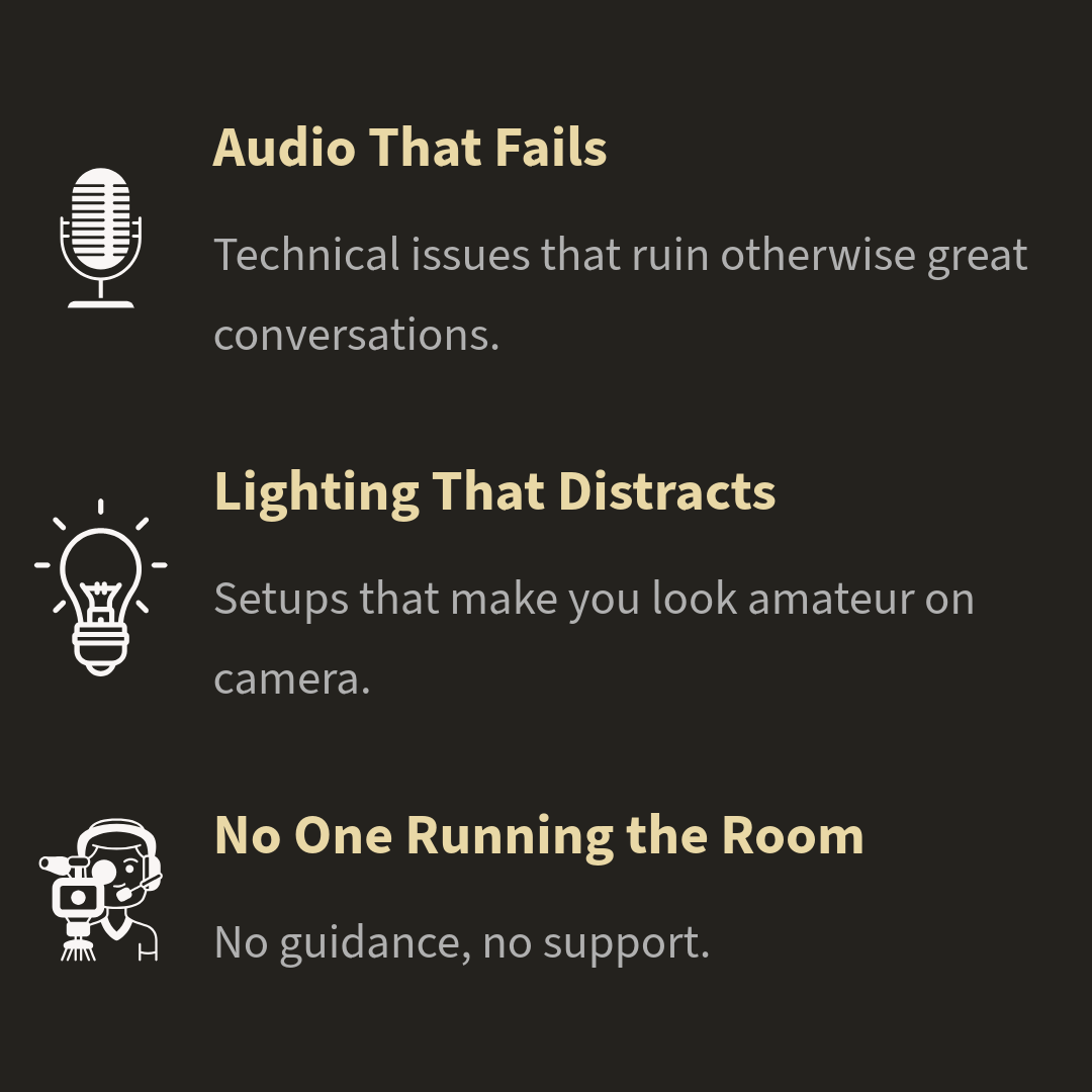 Three common video production issues shown with icons: audio failures, poor lighting, and lack of room management.