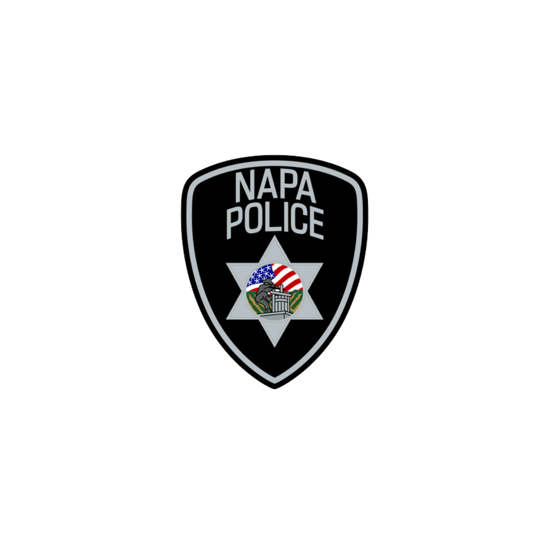 Collection of law enforcement and police department shield badges in black and white.