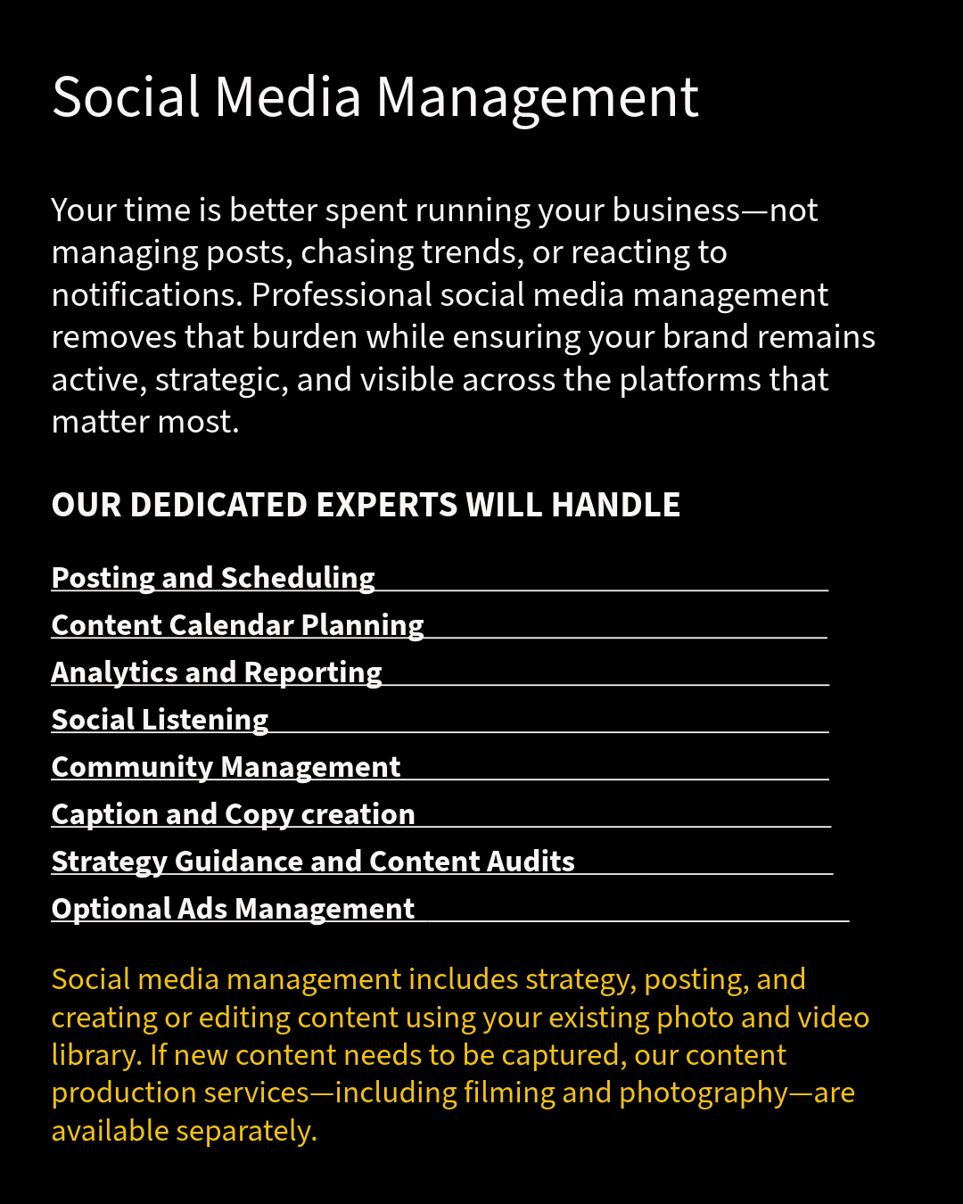 Social media management services menu listing key features and offerings on dark background.