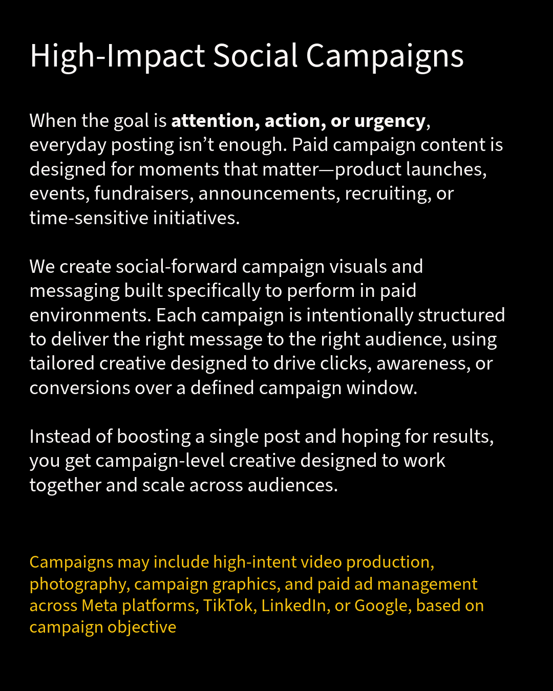 High-impact social campaign services description highlighting strategy and content production options.
