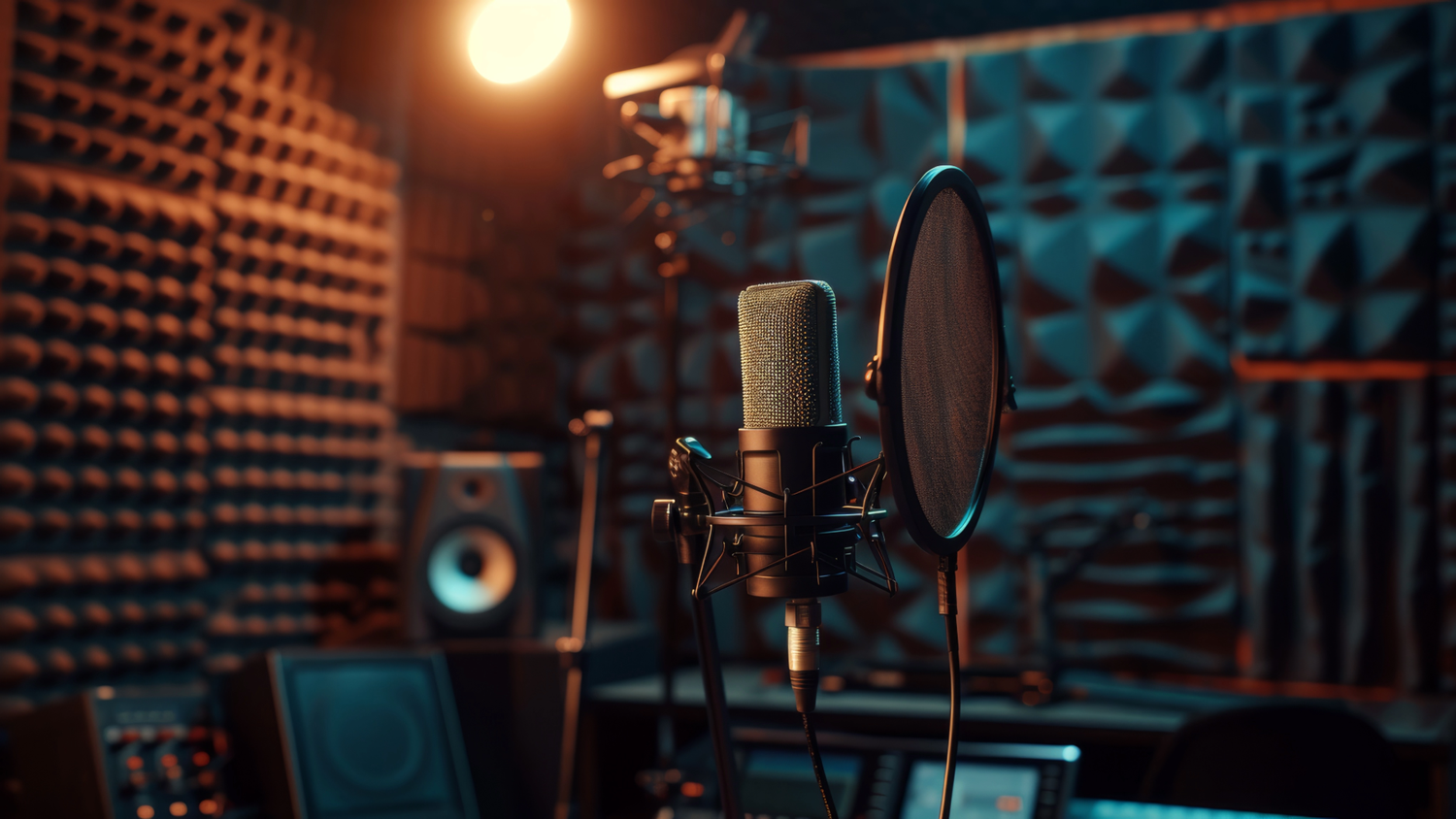 Recording studio with soundproofing foam panels and professional microphone setup.