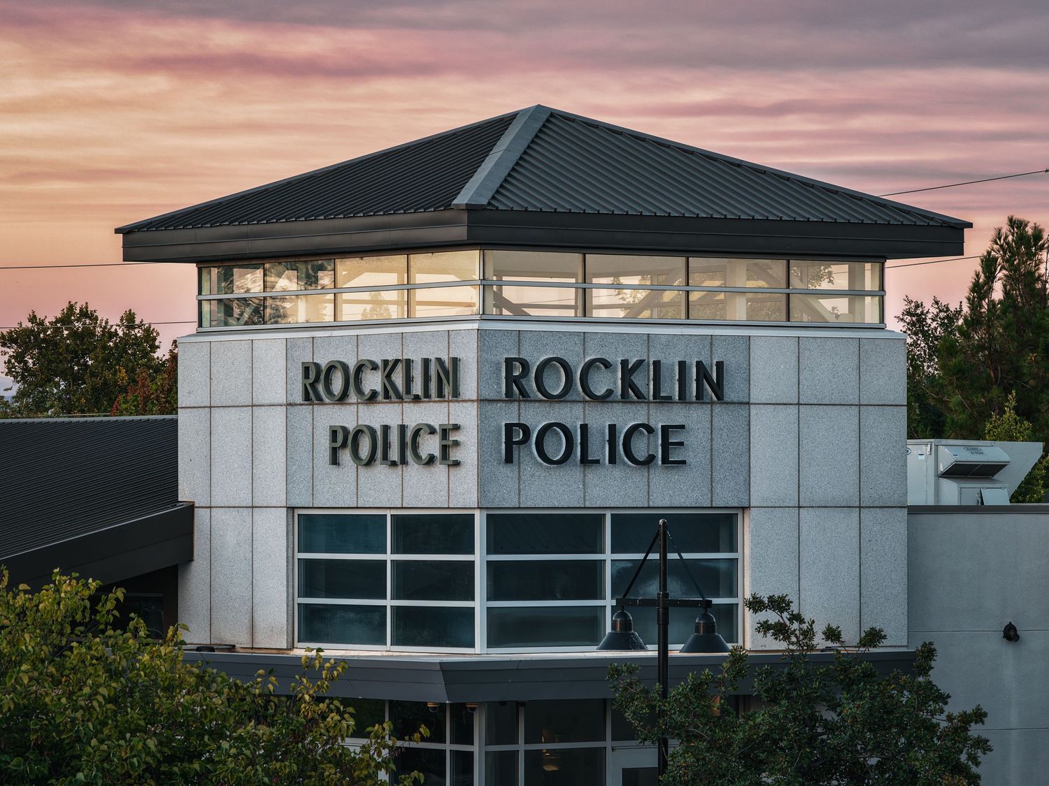 Exterior view of Rocklin Police Department building during sunset.