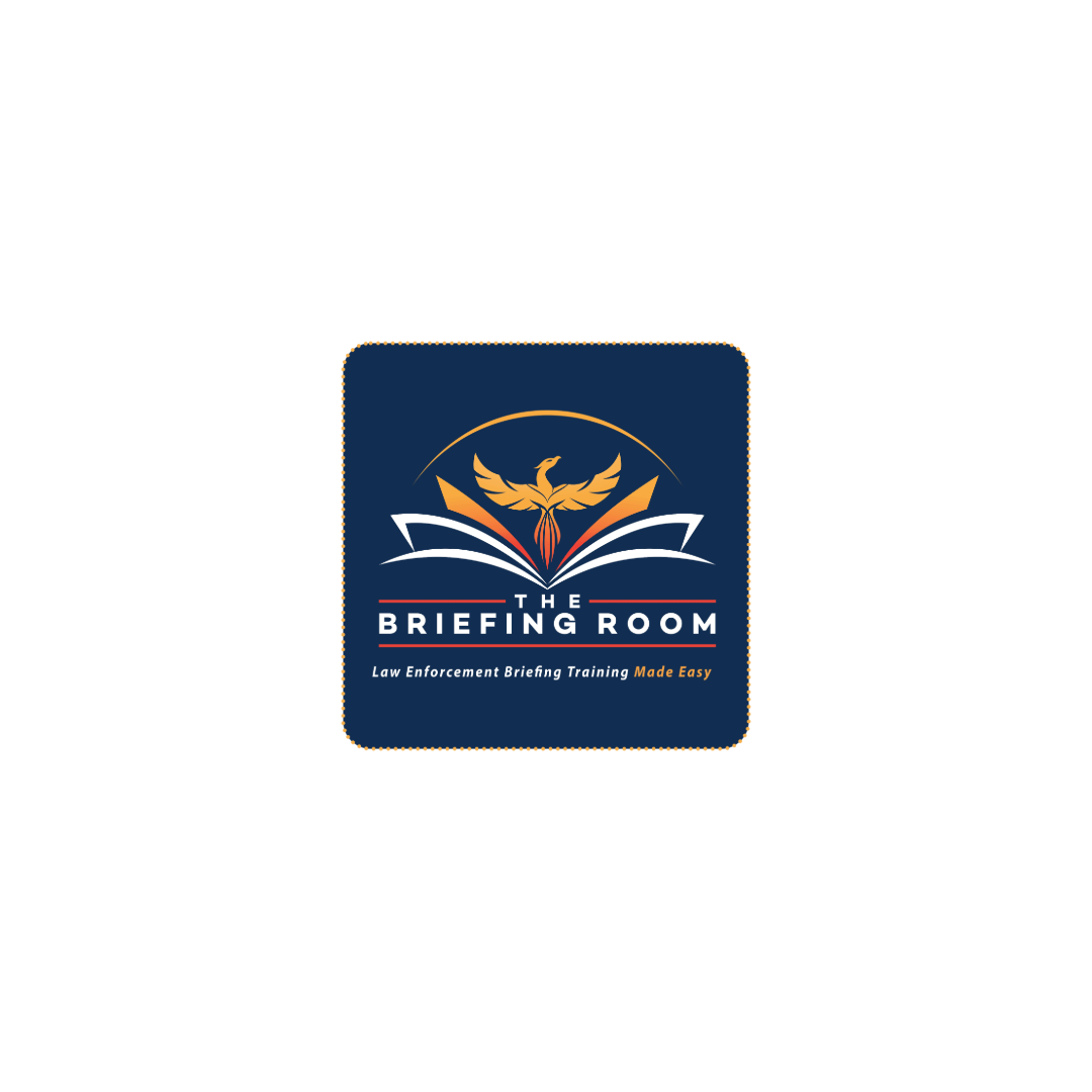 Three navy blue logos featuring education and briefing room branding elements.