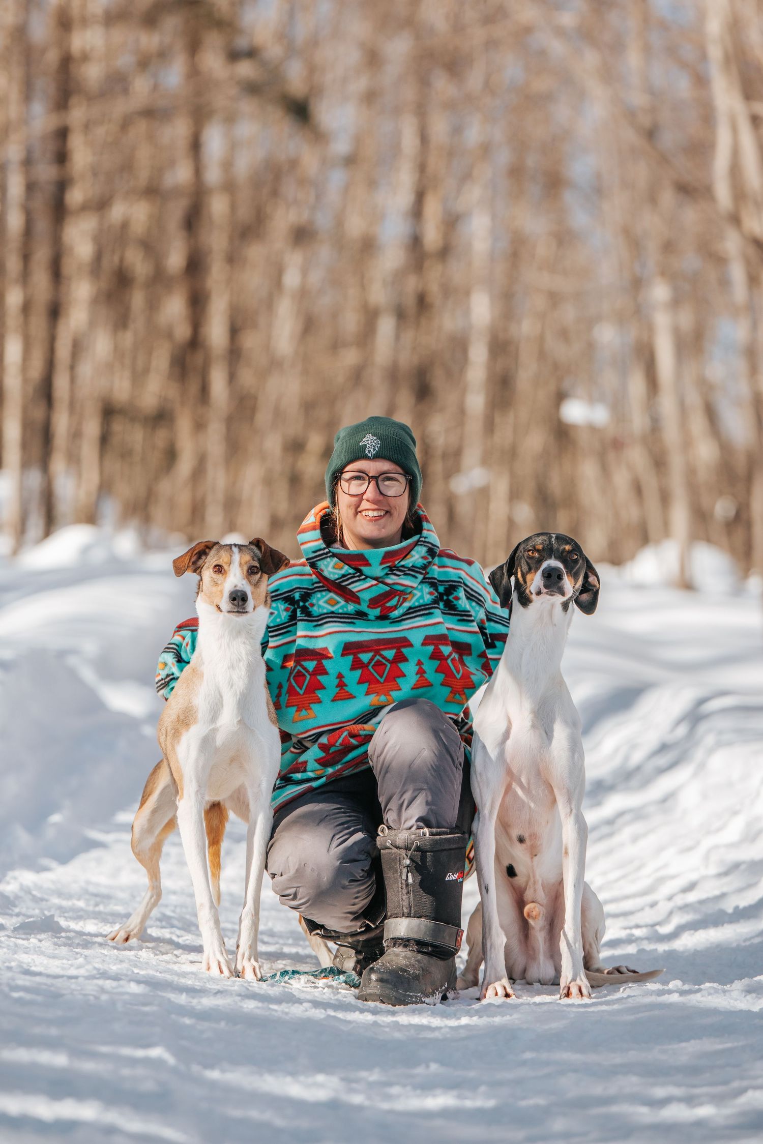 A person sits in the snow with two dogs.