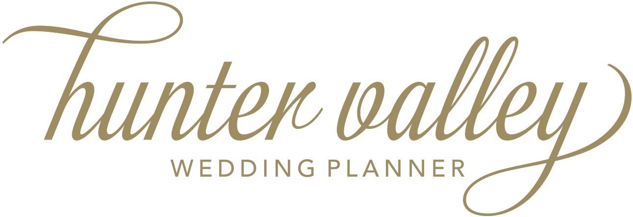 Elegant gold calligraphy logo design for Hunter Valley Wedding Planner with decorative flourishes.