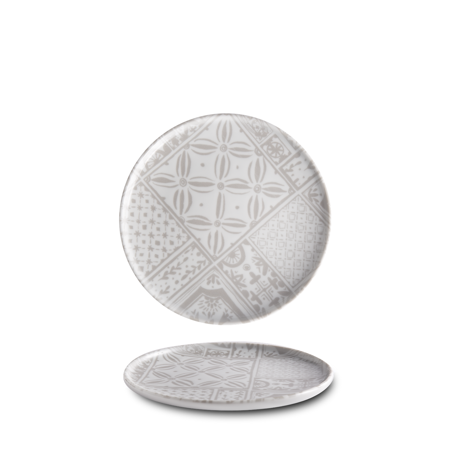 Digitally printed porcelain plates and bowls with mosaic patterns, arranged on a hard porcelain.