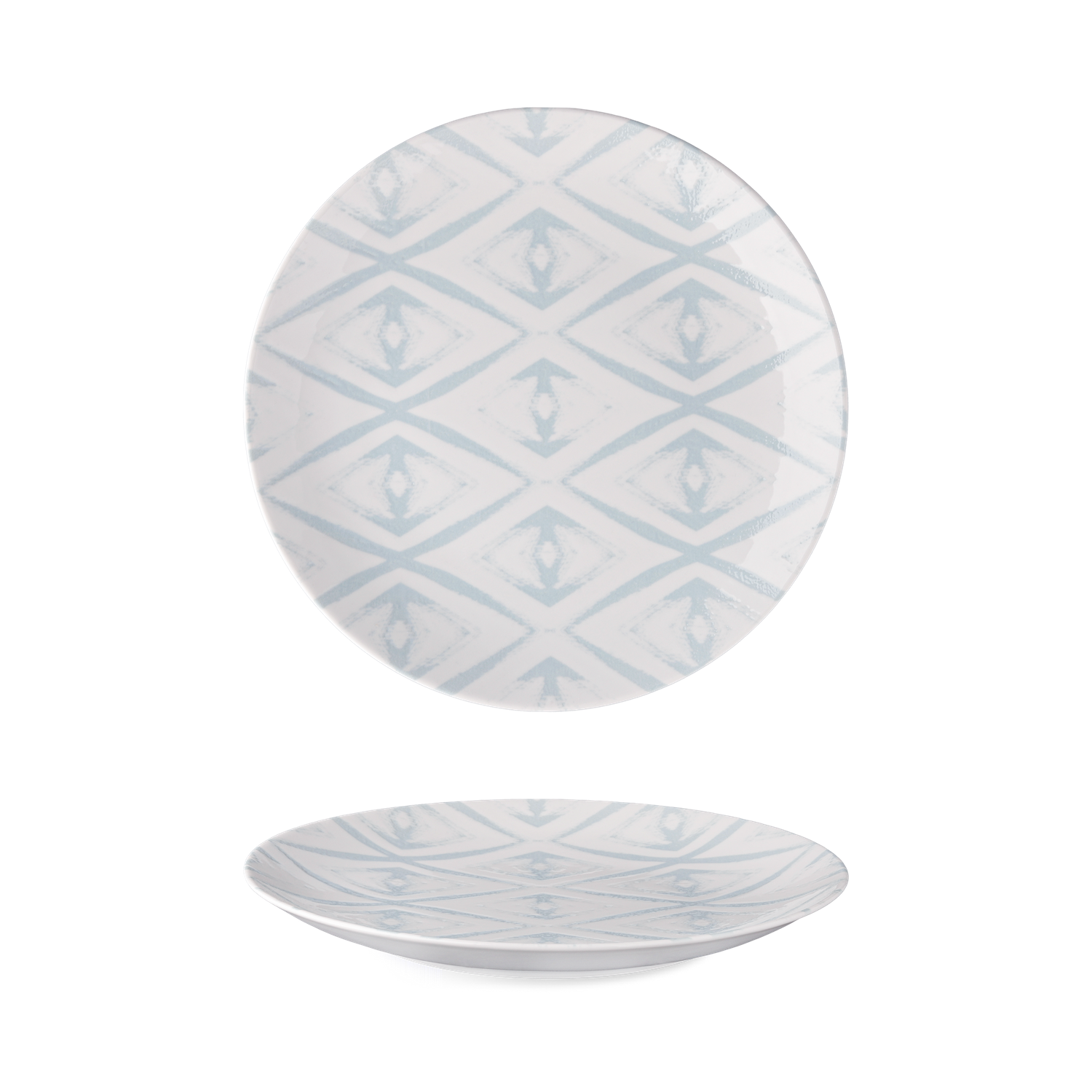 Digitally printed porcelain plates and cups with diamond patterns in blue, red, and grey.