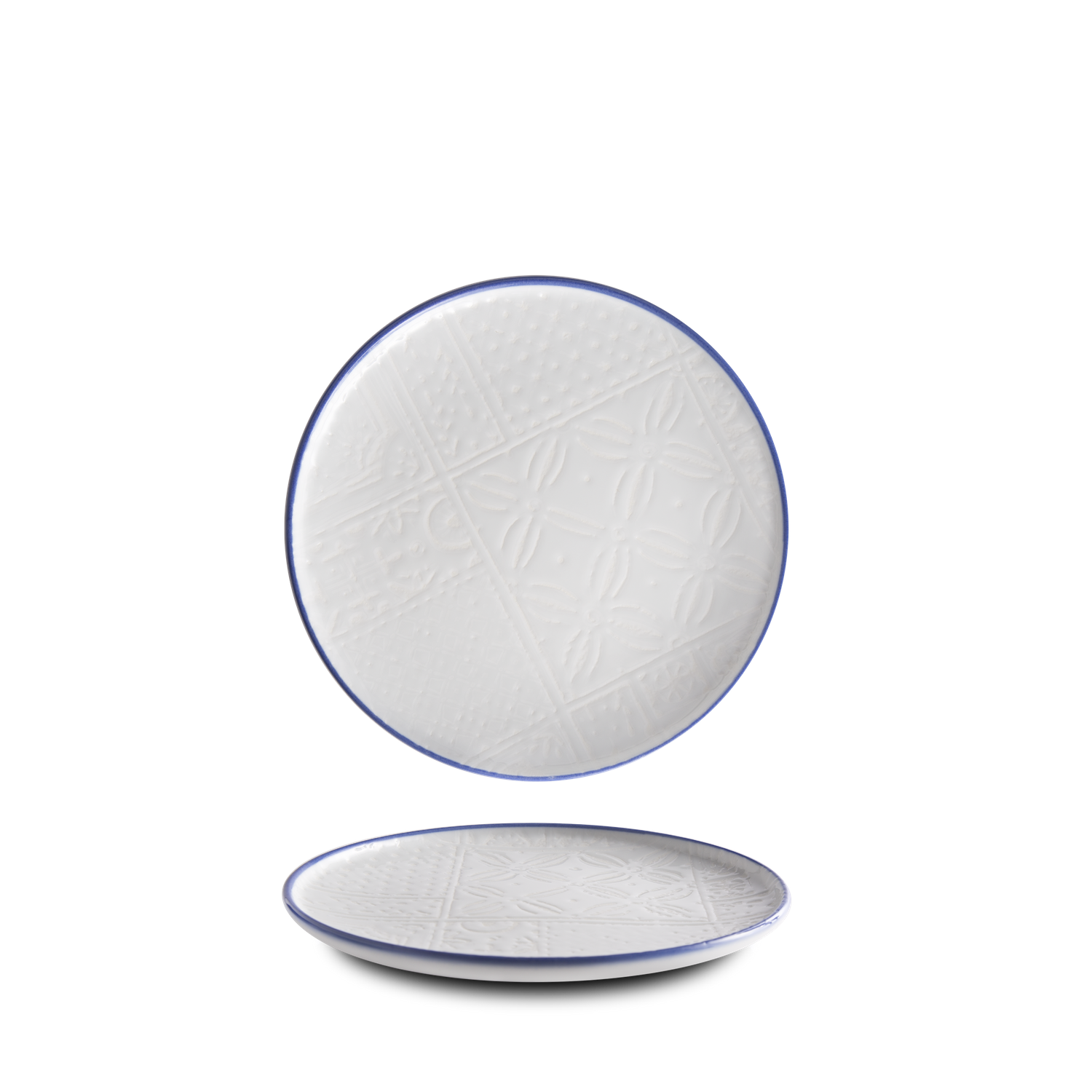 Digitally printed porcelain plates and bowls with mosaic patterns, arranged on a hard porcelain.