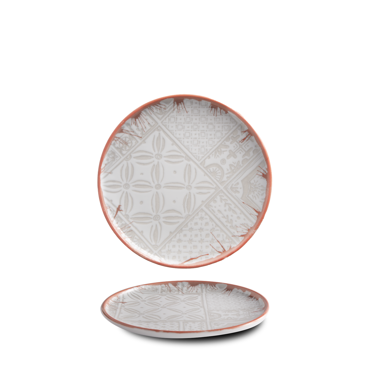 Digitally printed porcelain plates and bowls with mosaic patterns, arranged on a hard porcelain.