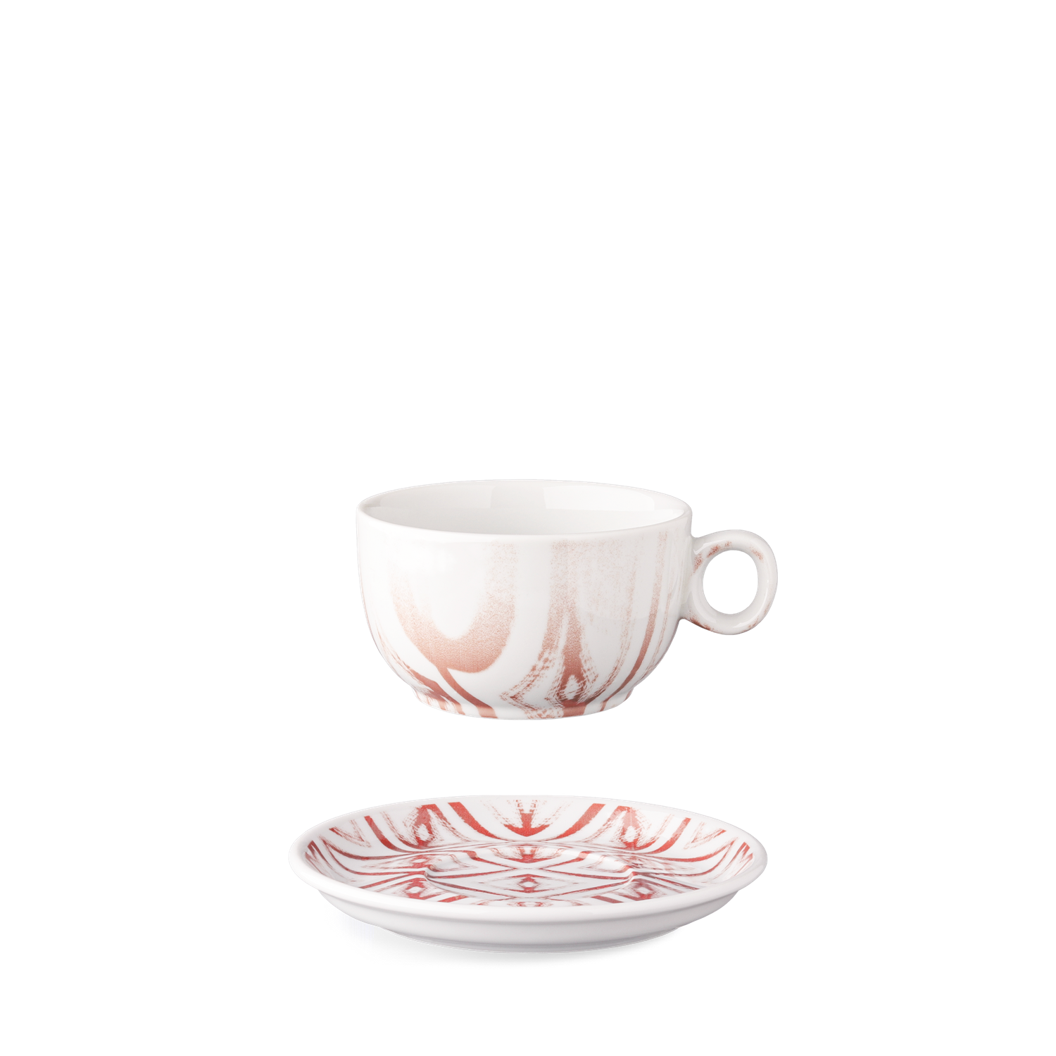 Digitally printed porcelain plates and cups with diamond patterns in blue, red, and grey.