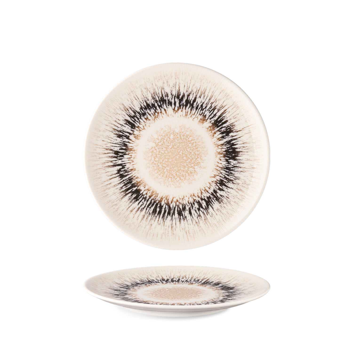 Porcelain collection Spheres with digital print in various earthy tones and radial patterns.