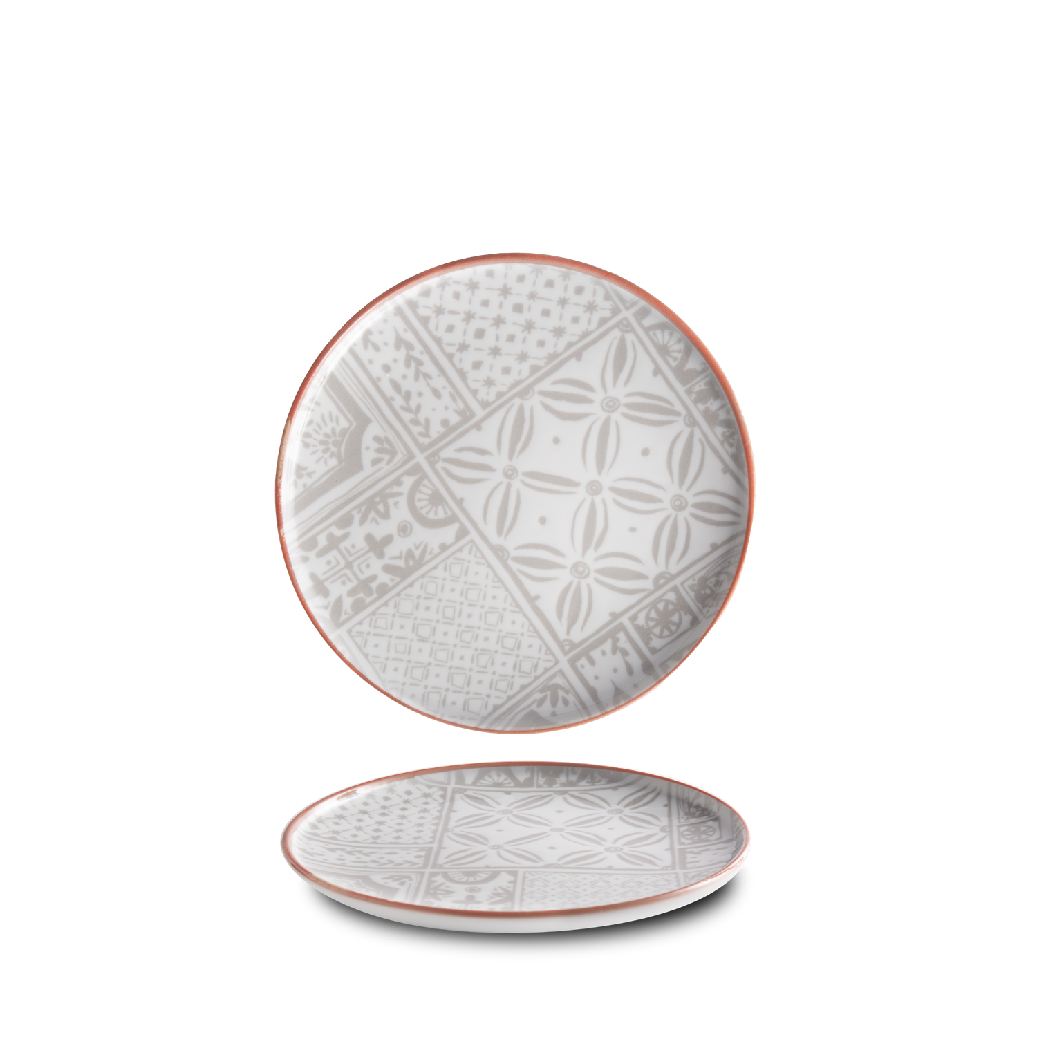 Digitally printed porcelain plates and bowls with mosaic patterns, arranged on a hard porcelain.