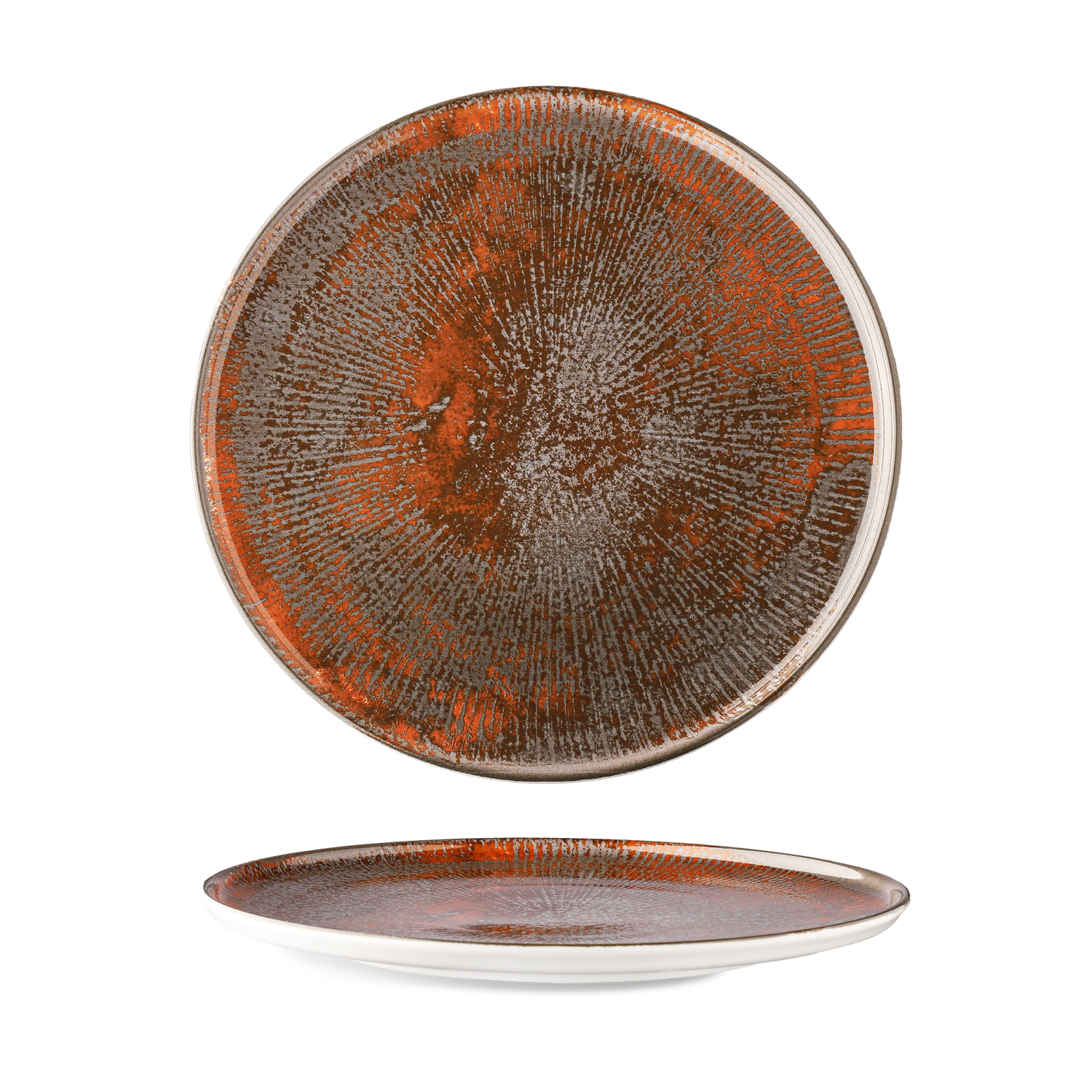 Shell collection: Porcelain plates and bowls with digitally printed radial patterns in shades of blue, brown, and grey.