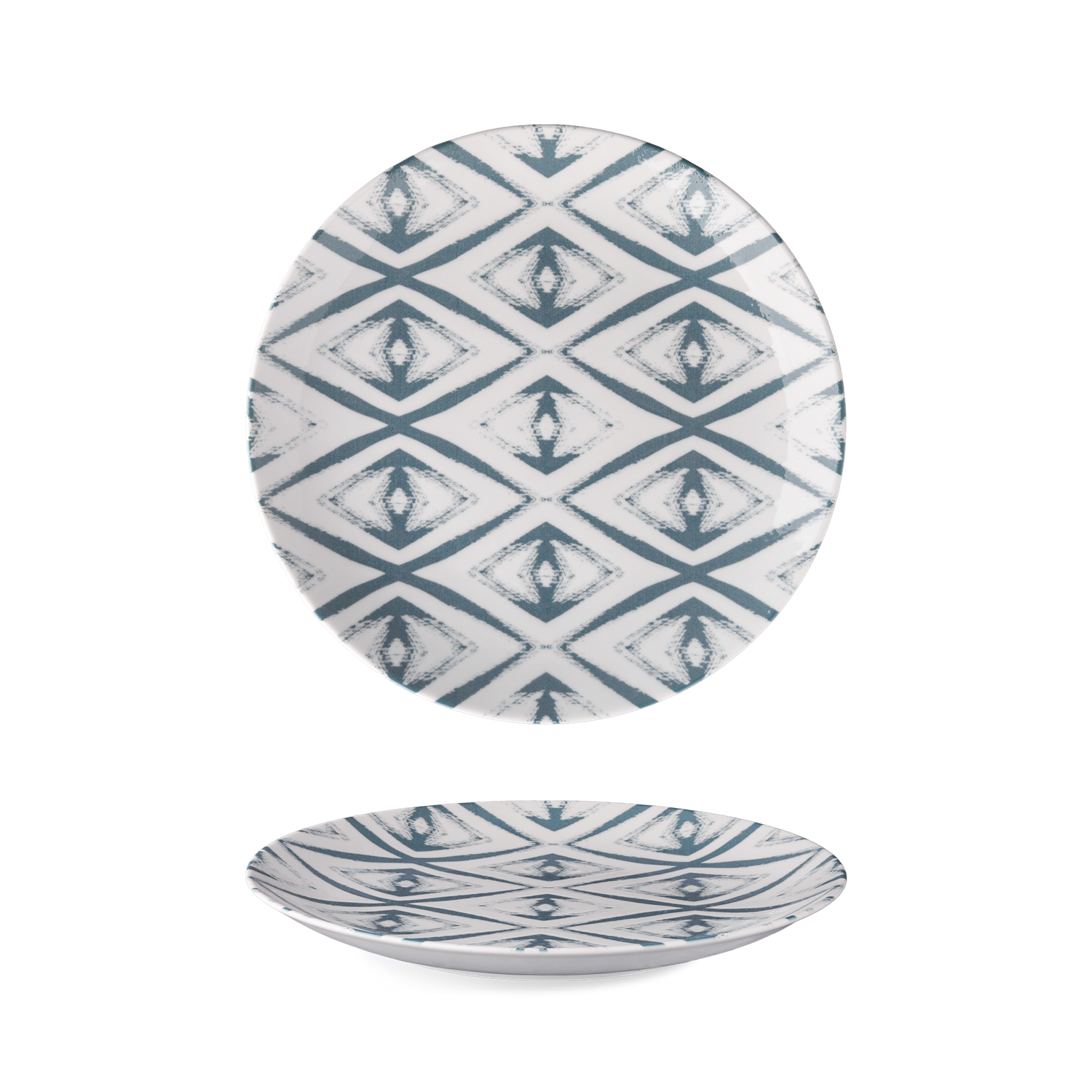 Digitally printed porcelain plates and cups with diamond patterns in blue, red, and grey.