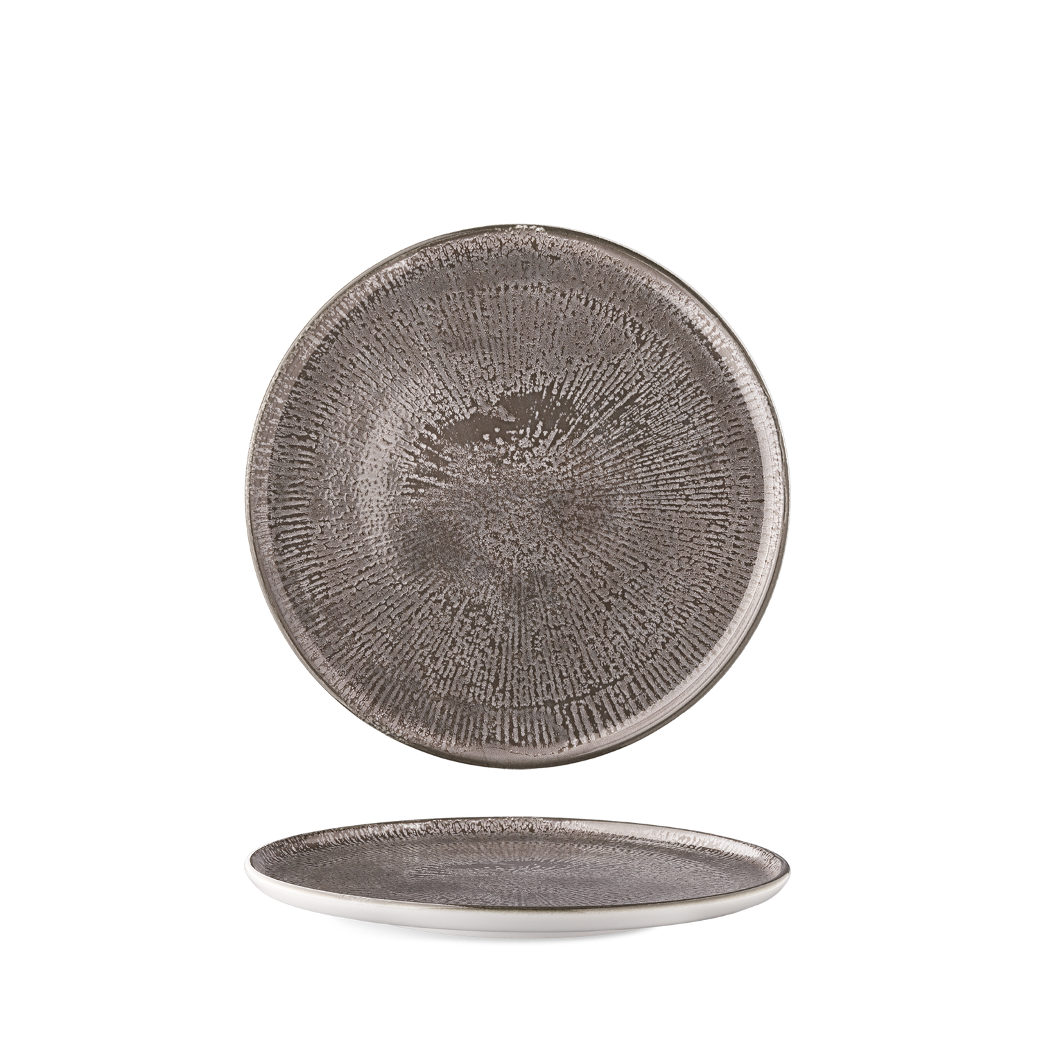 Shell collection: Porcelain plates and bowls with digitally printed radial patterns in shades of blue, brown, and grey.