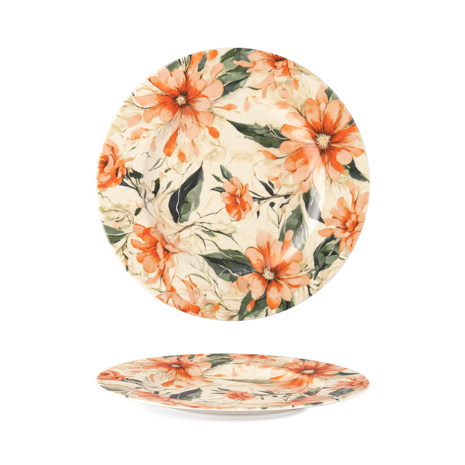 Porcelain collection Clematis with digital print, featuring vibrant orange flowers and green leaves.