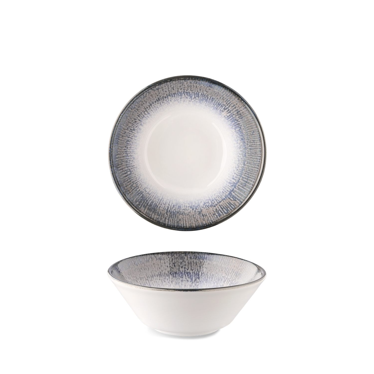 Shell collection: Porcelain plates and bowls with digitally printed radial patterns in shades of blue, brown, and grey.