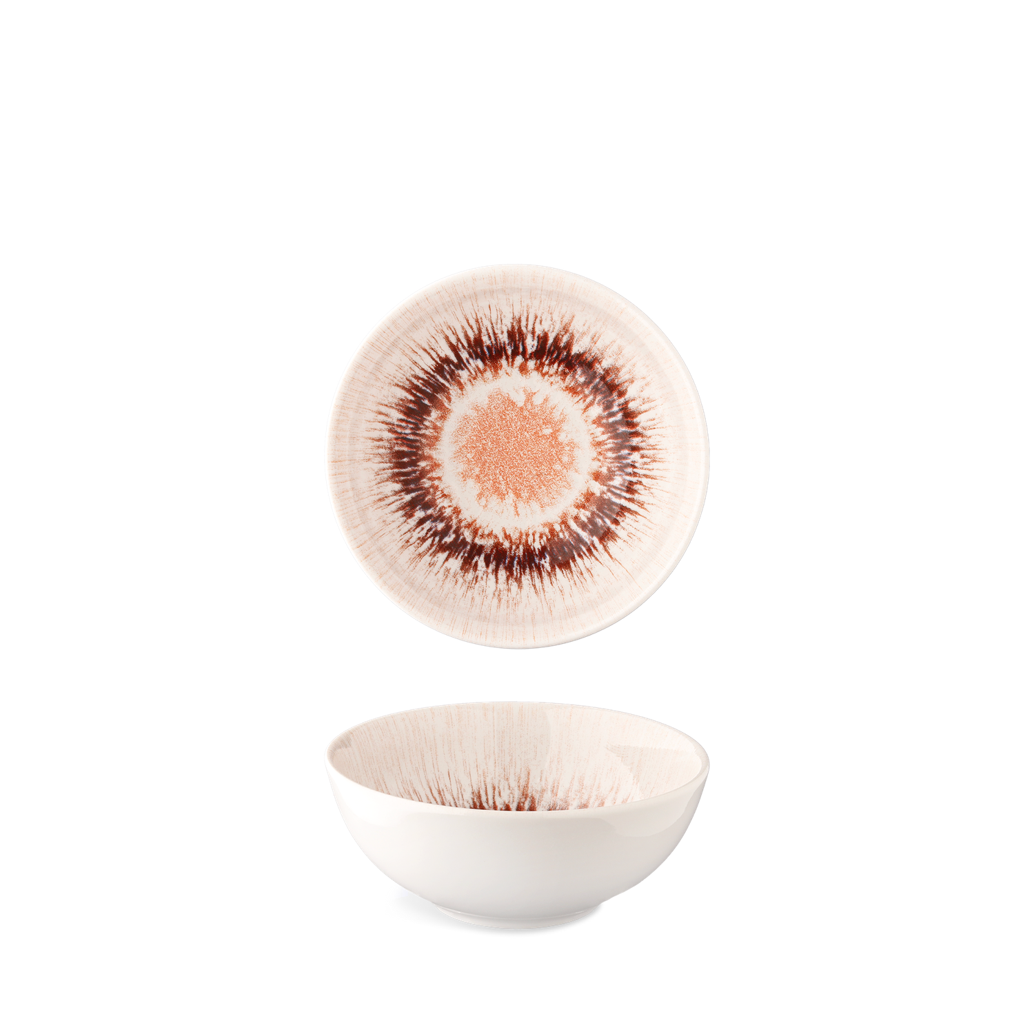 Porcelain collection Spheres with digital print in various earthy tones and radial patterns.