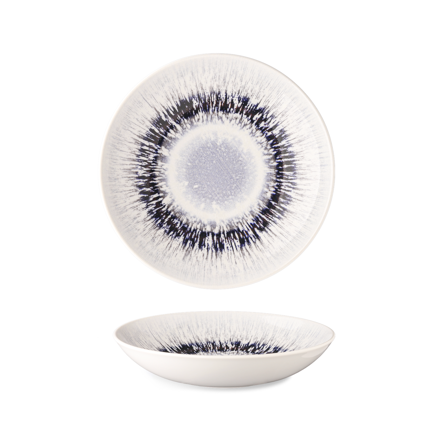 Porcelain collection Spheres with digital print in various earthy tones and radial patterns.