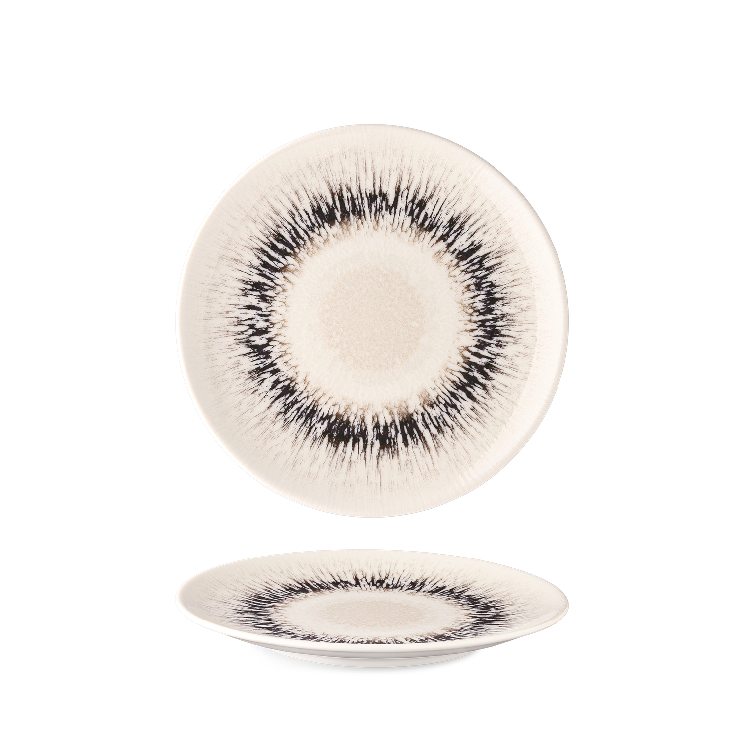 Porcelain collection Spheres with digital print in various earthy tones and radial patterns.