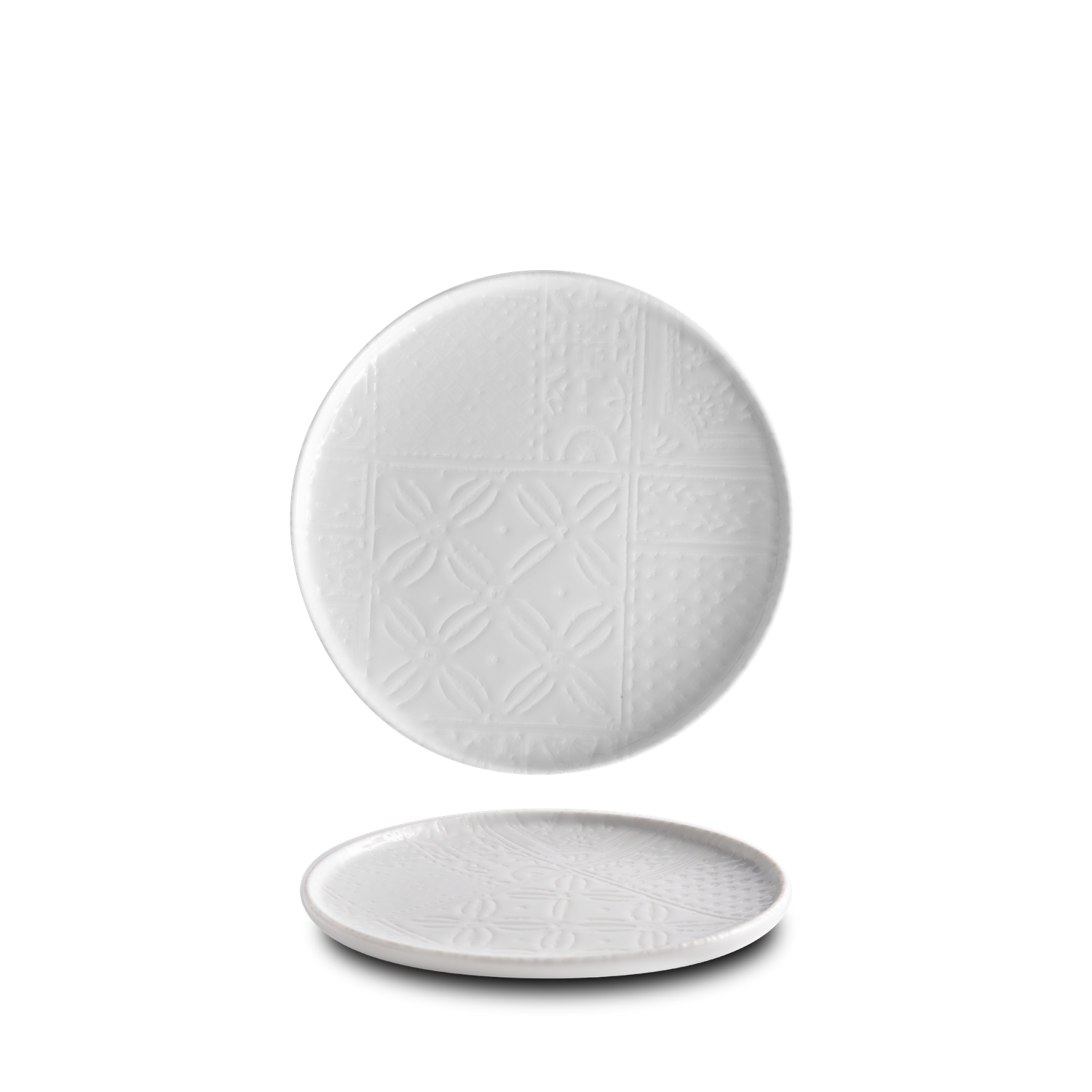 Digitally printed porcelain plates and bowls with mosaic patterns, arranged on a hard porcelain.