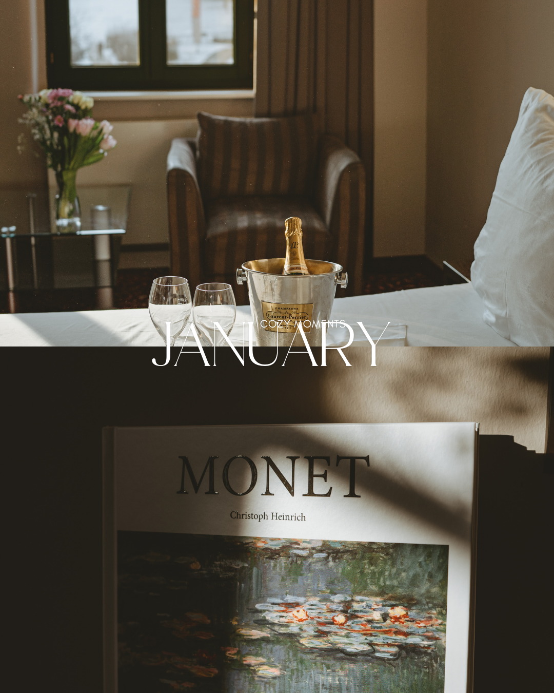 Cozy hotel room with champagne, wine glasses and Monet art book.
