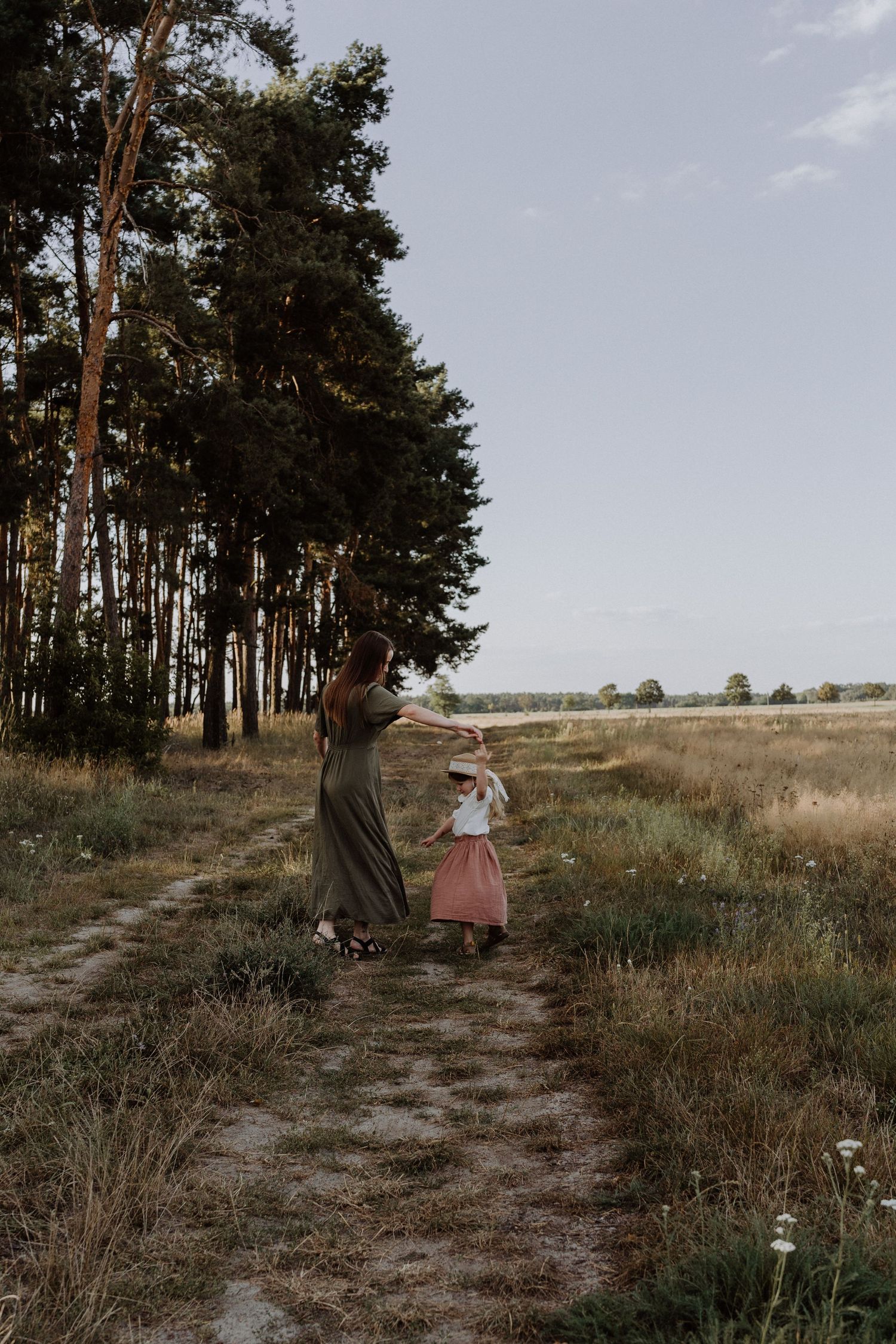 Two figures walking hand in hand down a rustic dirt path bordered by tall pine trees.