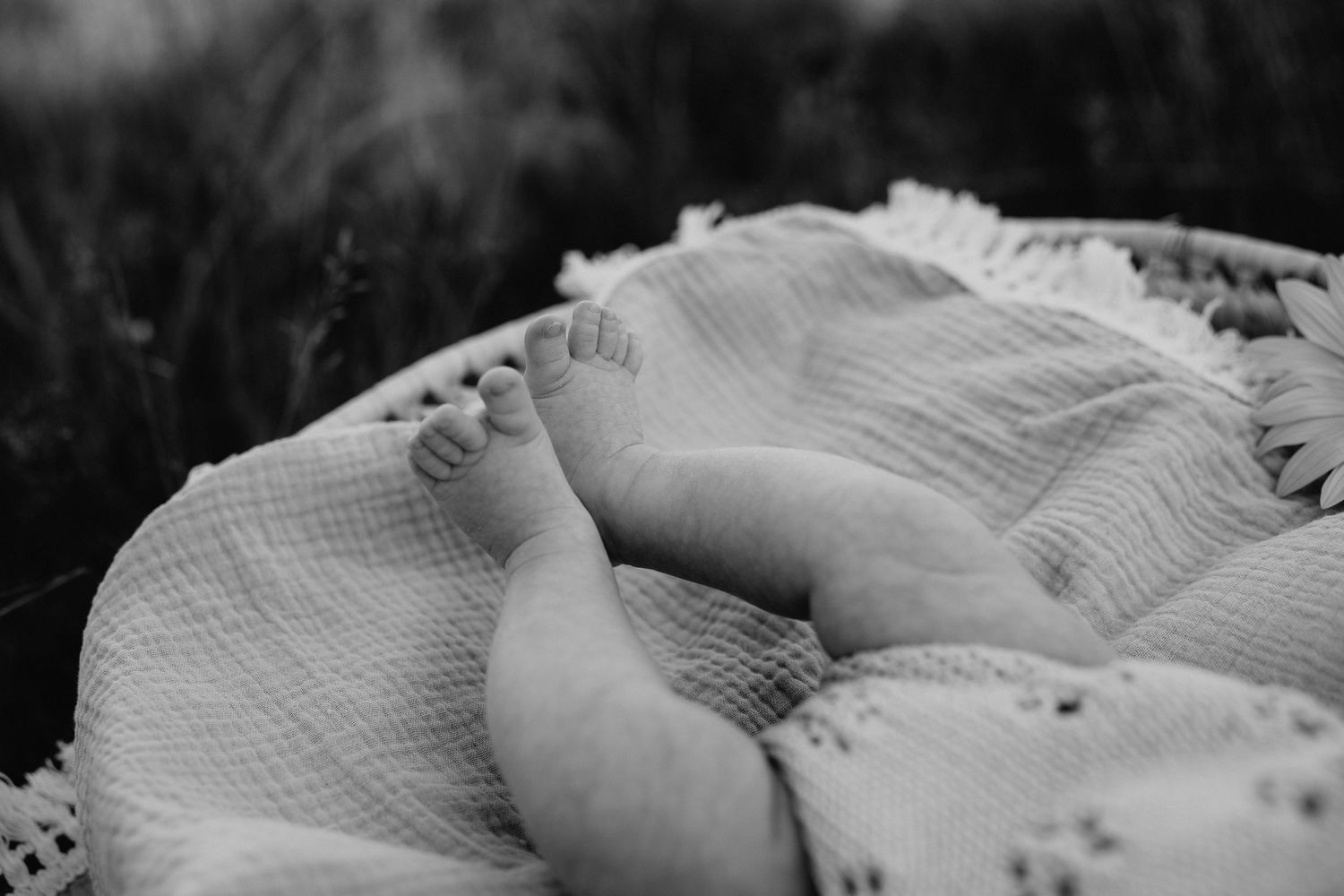 Black and white close-up of a baby's foot on textured fabric.