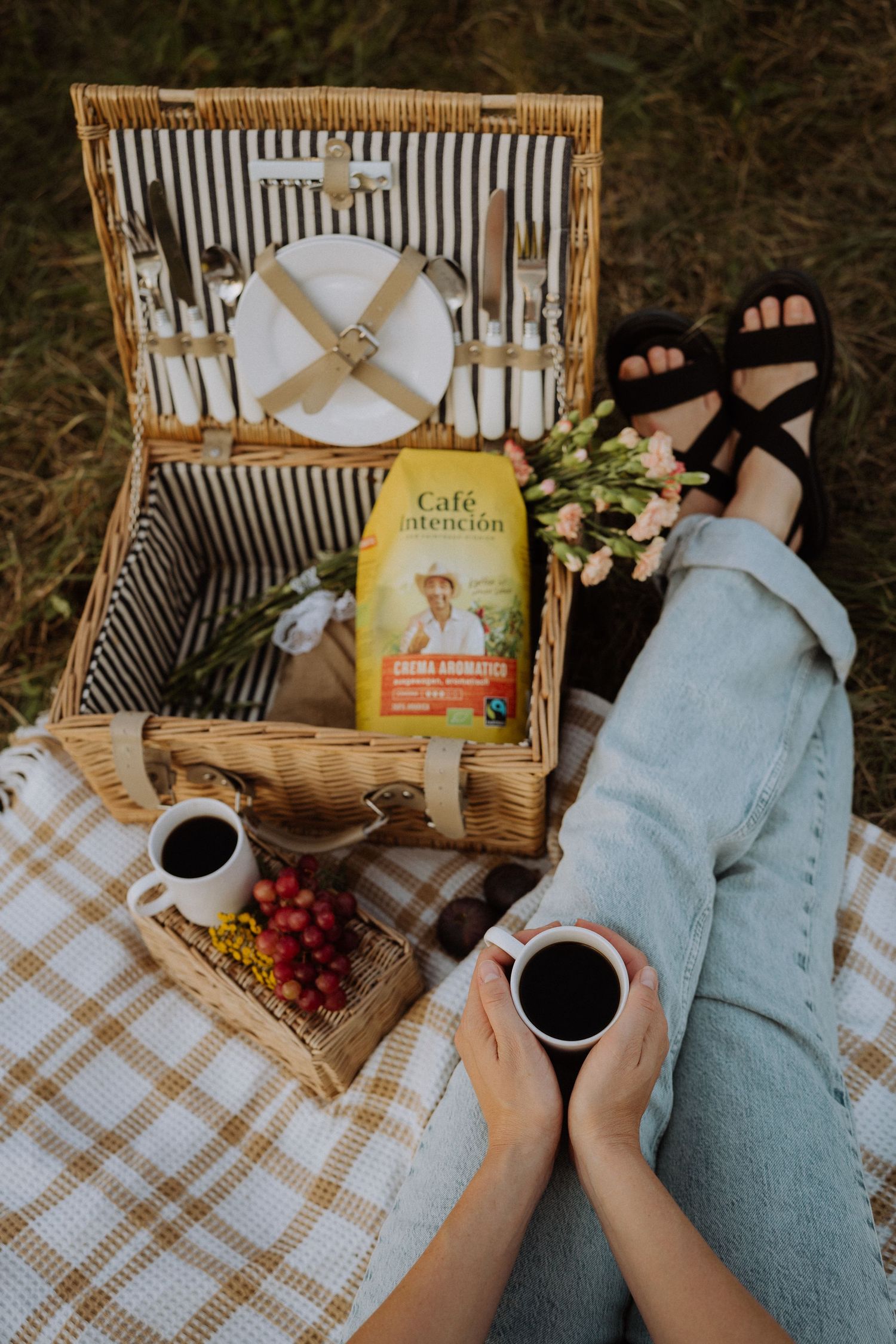 Picnic scene with wicker basket, coffee cups, grapes and striped lining on checkered blanket.