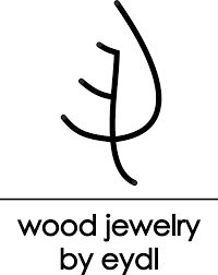 Simple minimalist black line drawing logo for Wood Jewelry by Eydl featuring a stylized tree.