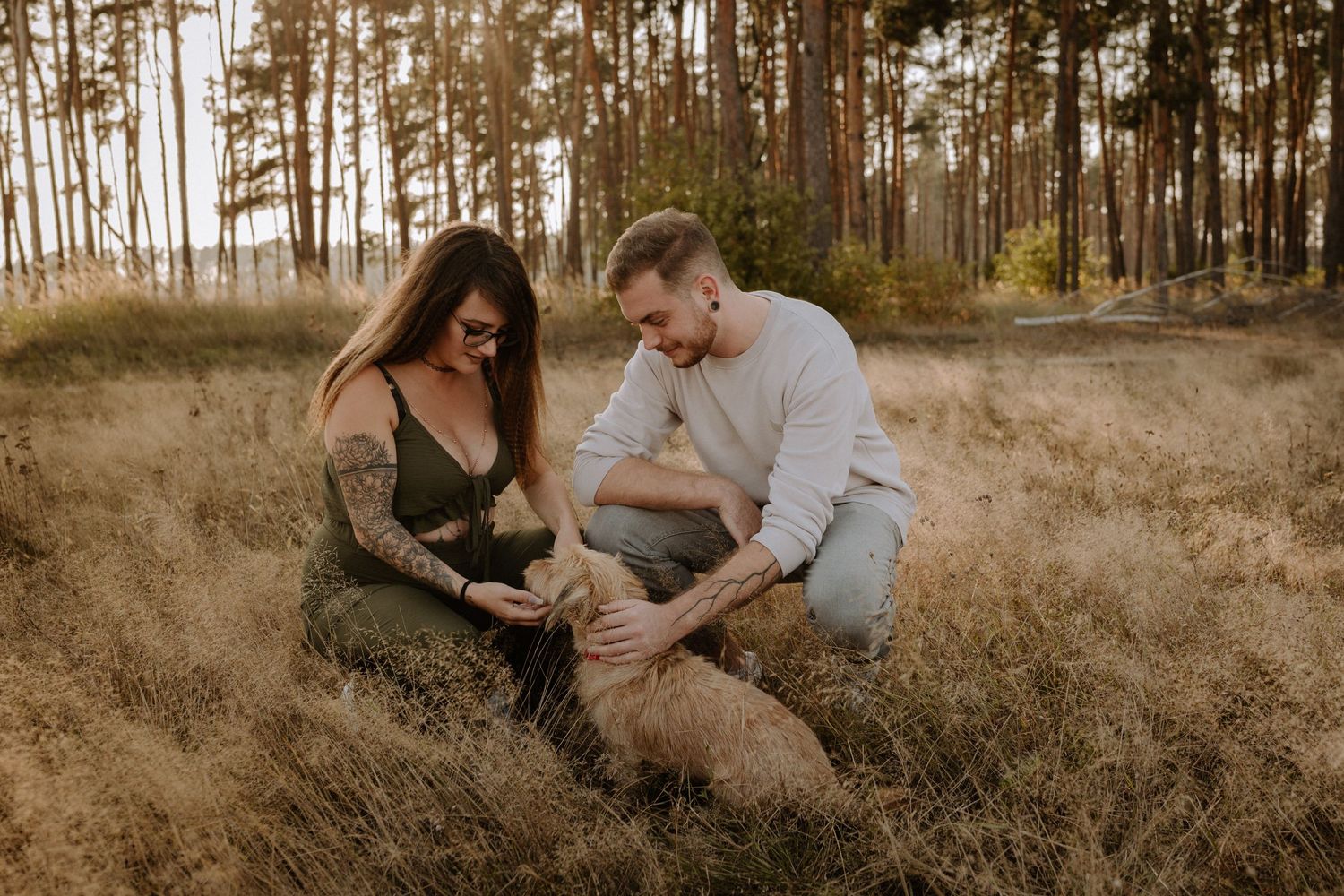 A couple sitting together in a golden field surrounded by tall pine trees at sunset.