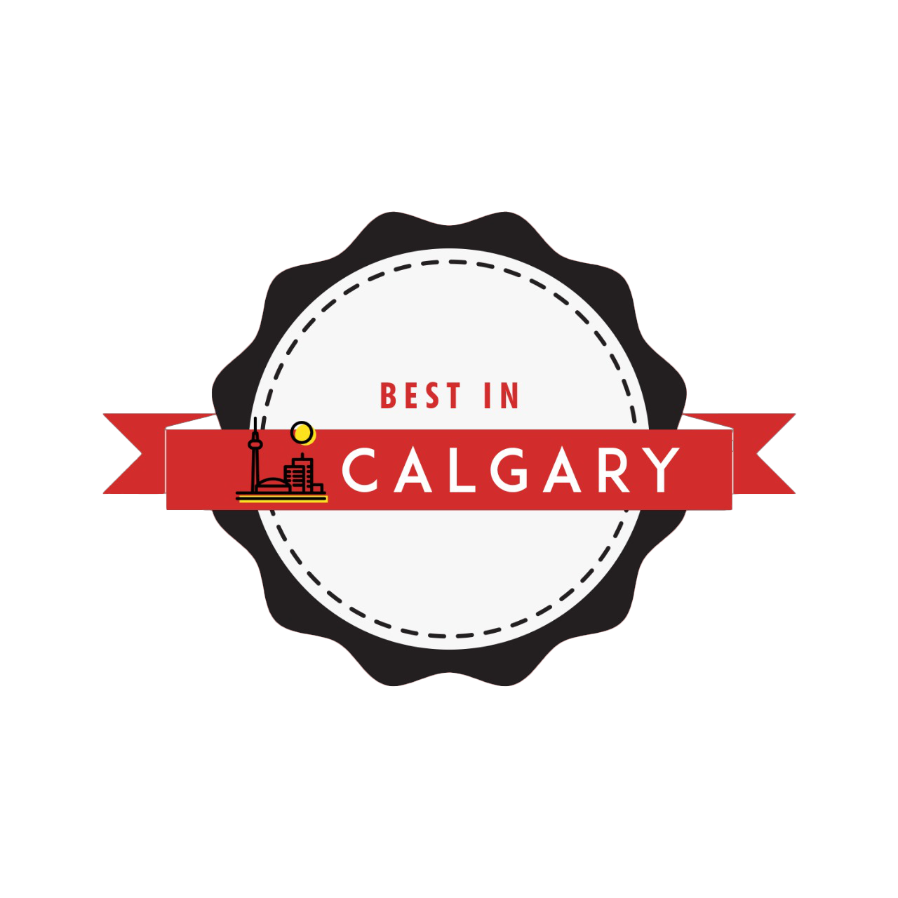 A circular black and white badge with a red banner reading 'Best in Calgary' in a retro emblem style.