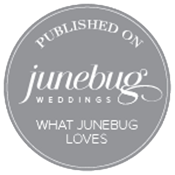 A row of five circular grey logo badges with text arranged horizontally showing wedding and publishing branding elements.