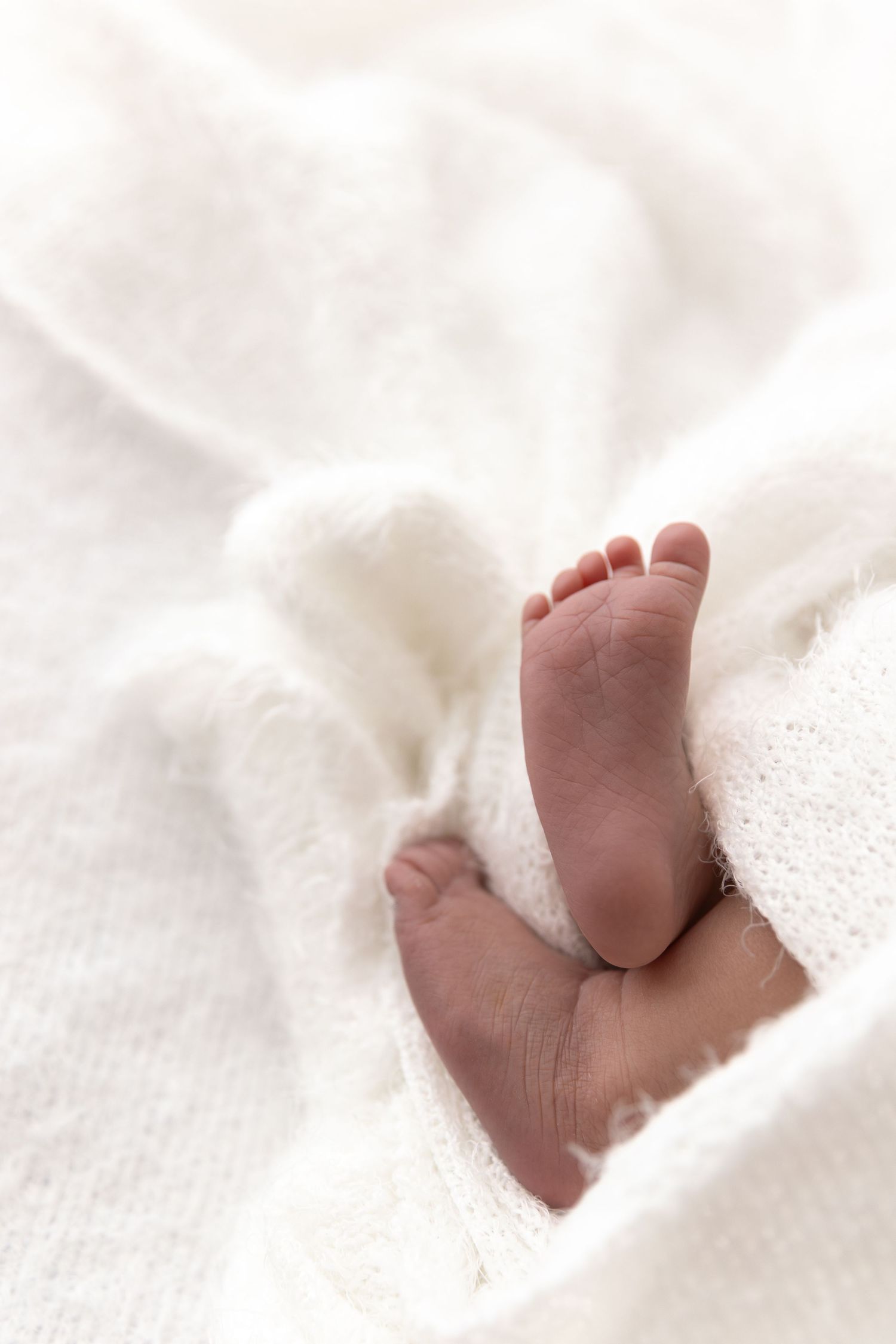 Close-up of tiny baby feet resting on soft white blanket.