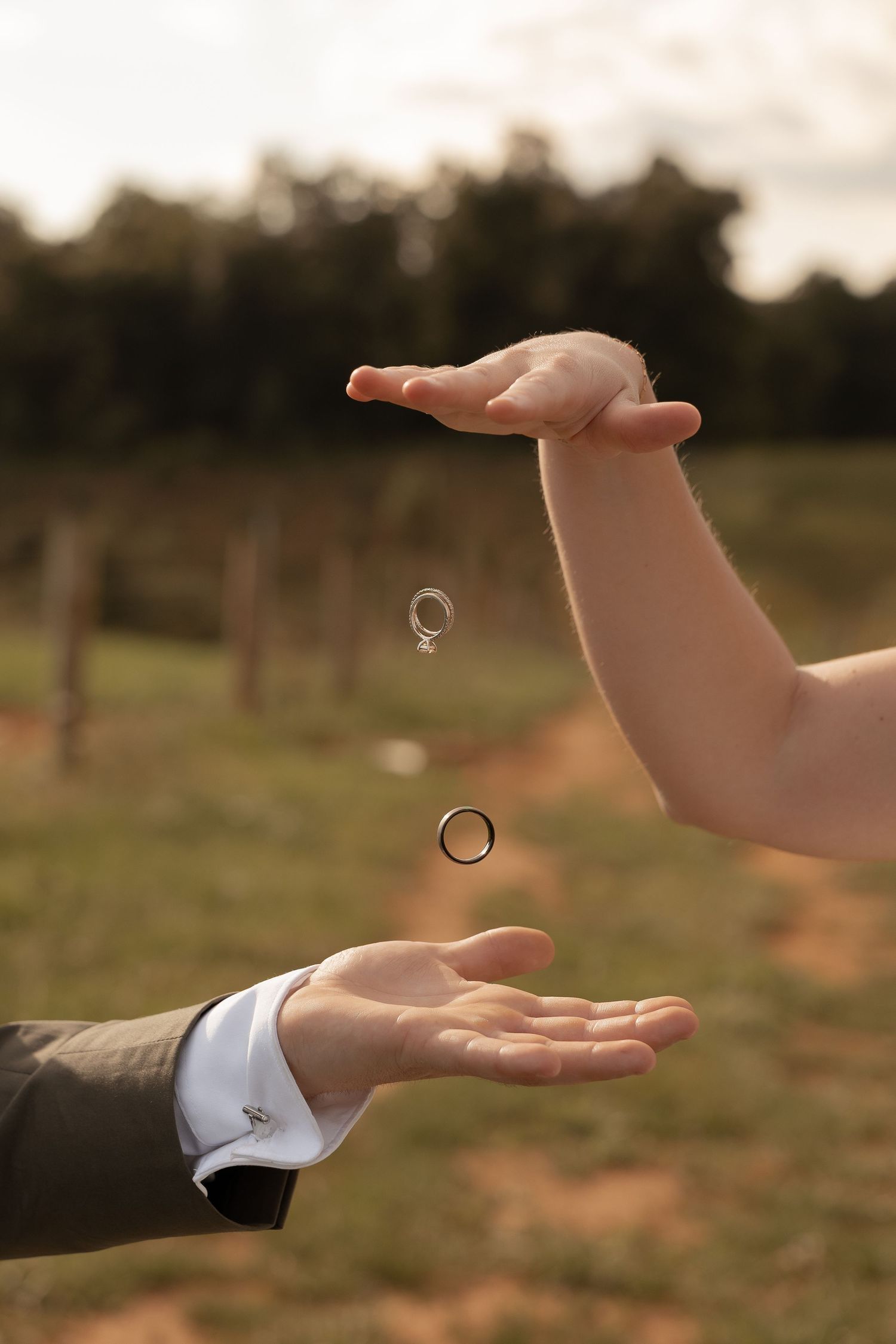 Two wedding rings falling between a bride and groom's hands outdoors at a vineyard.